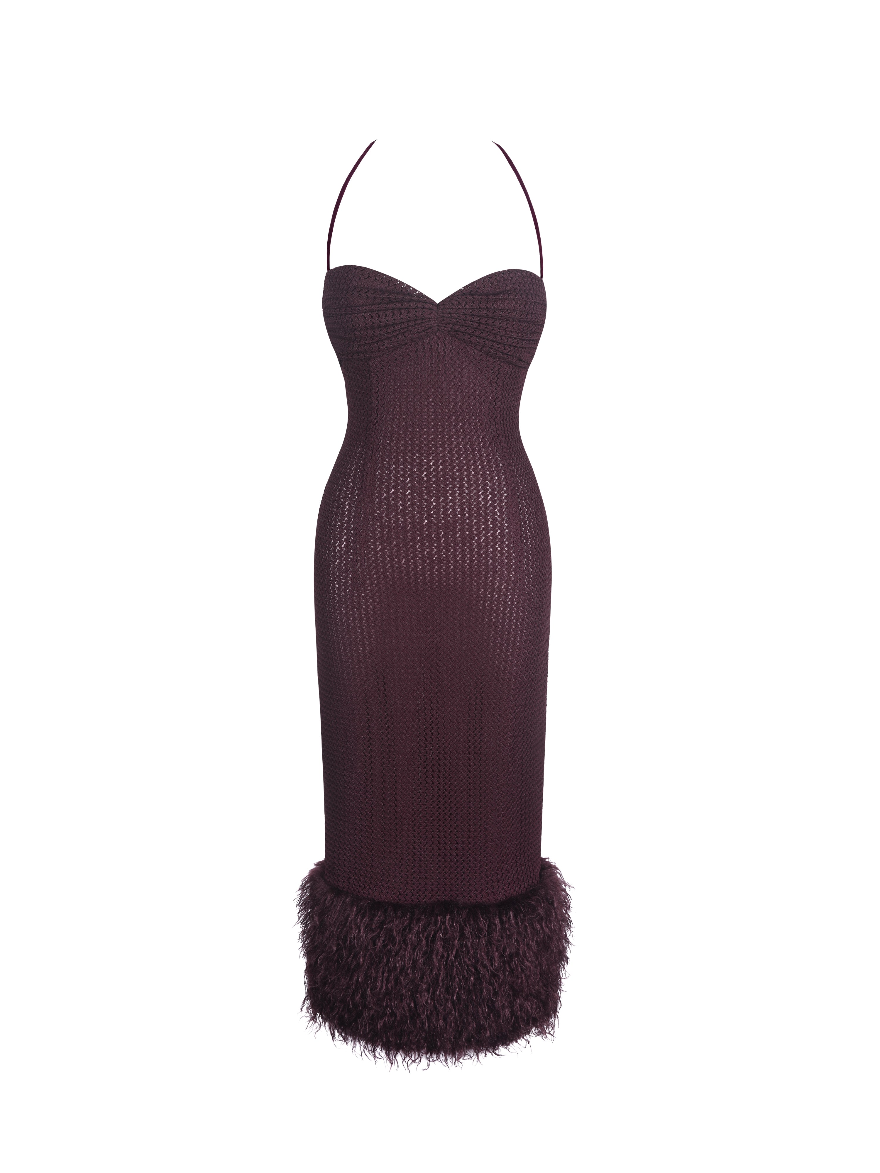 Pluma Maroon Halter Faux-Fur Trimmed Midi Dress