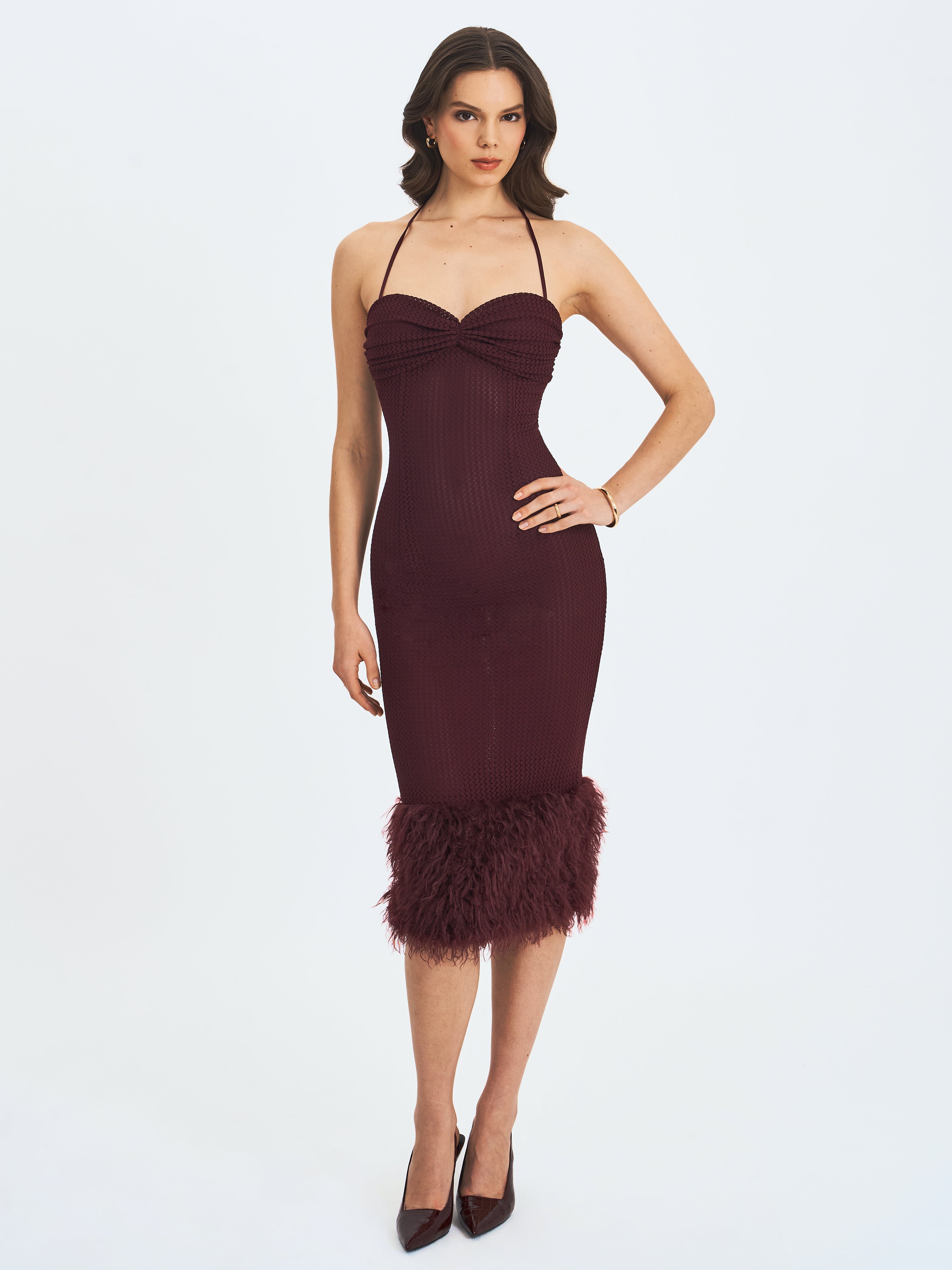 Pluma Maroon Halter Faux-Fur Trimmed Midi Dress