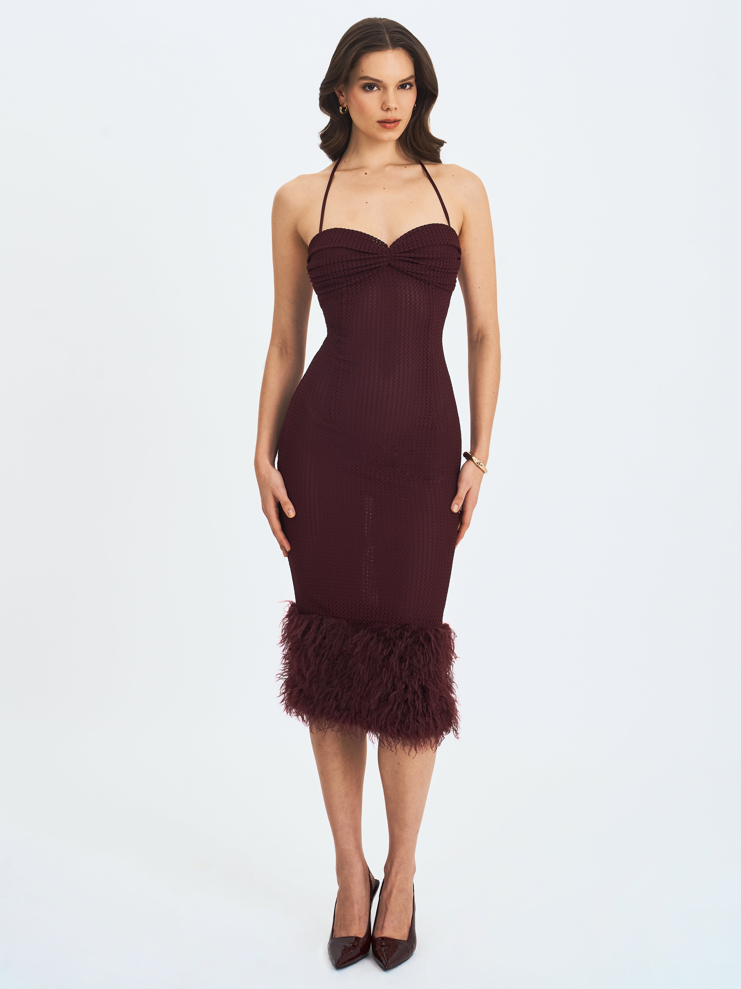 Pluma Maroon Halter Faux-Fur Trimmed Midi Dress
