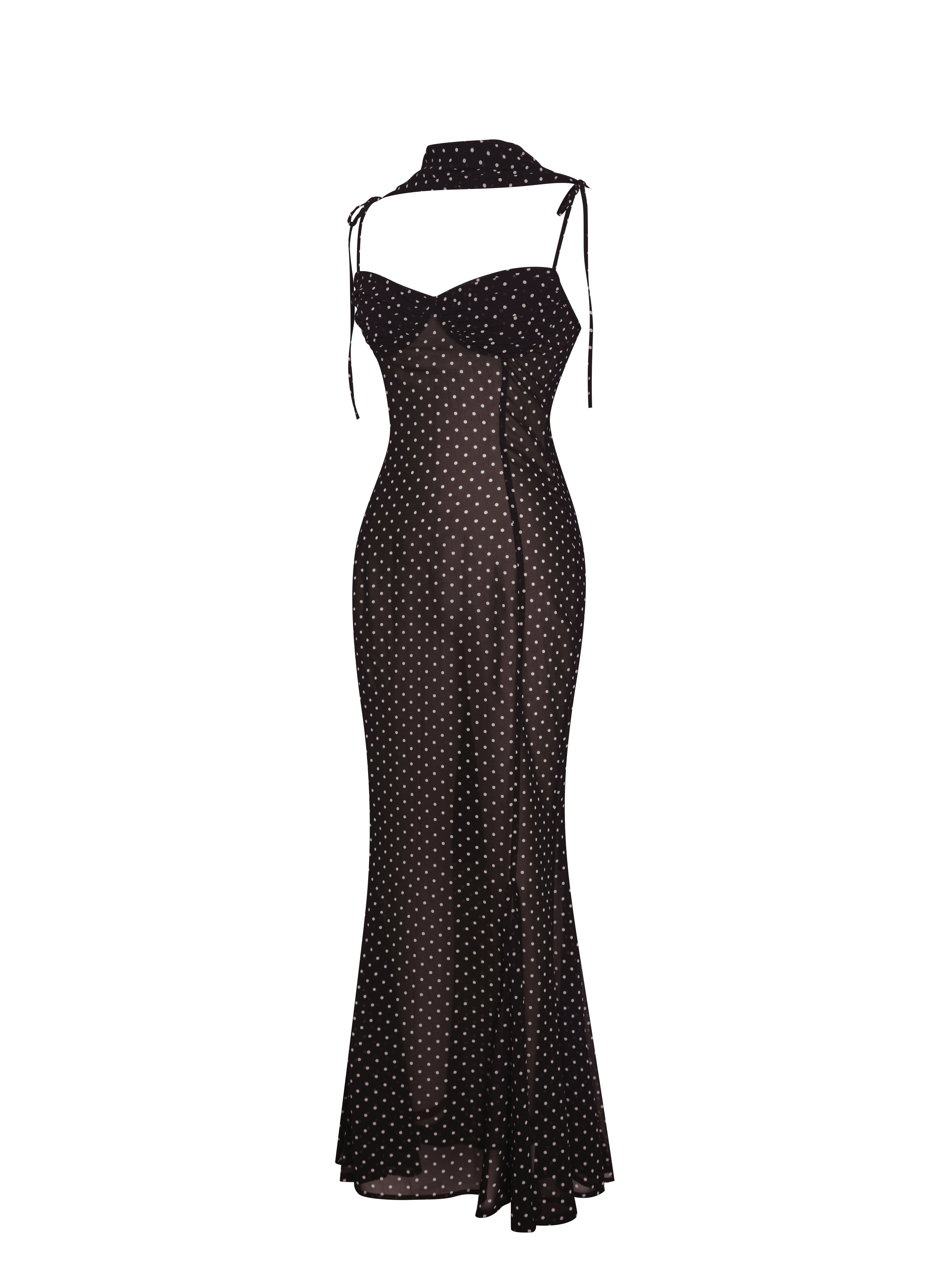 Yadira Brown Base Polka Dot Chiffon Maxi Dress