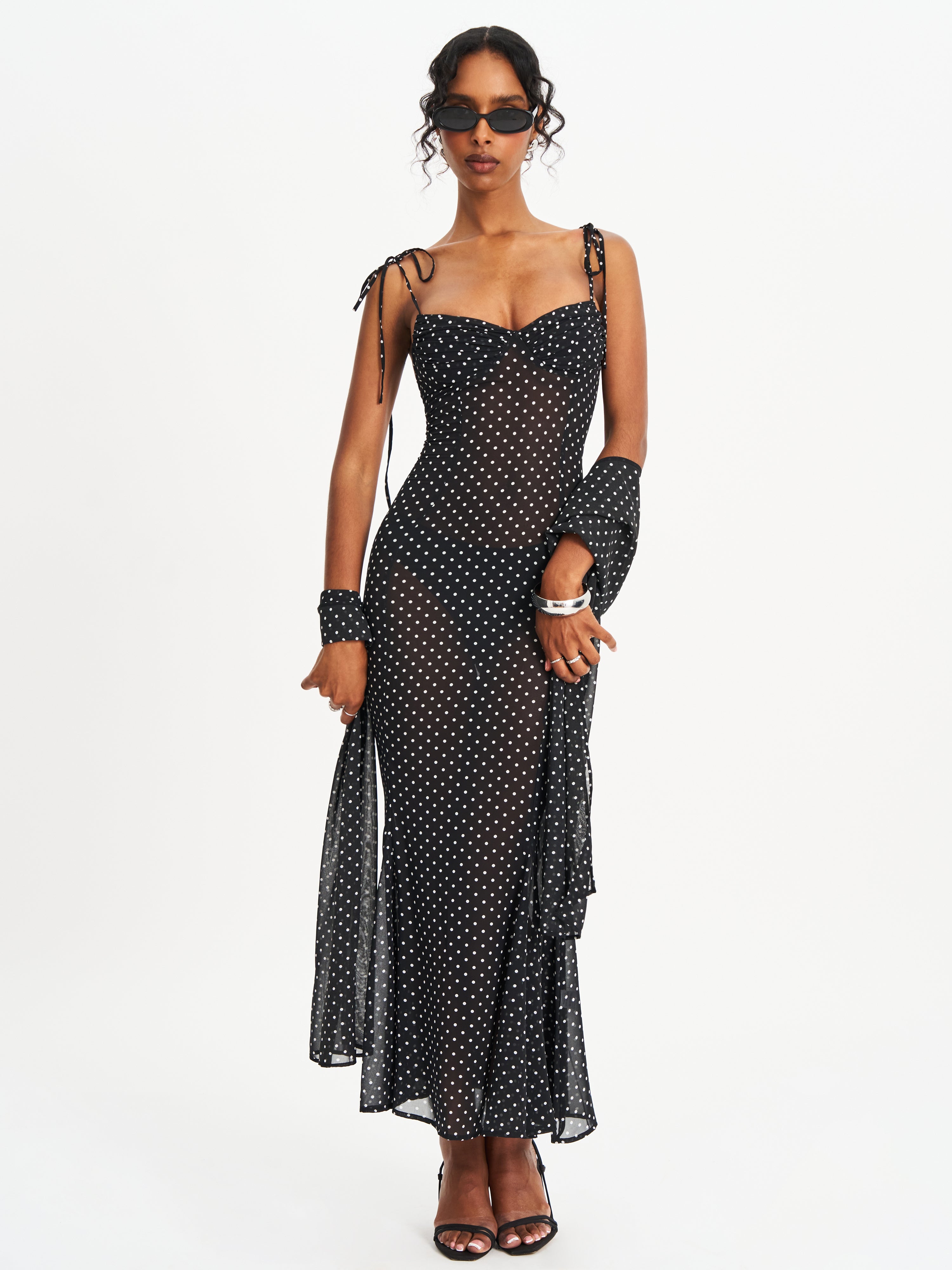Yadira Black Base Polka Dot Chiffon Maxi Dress