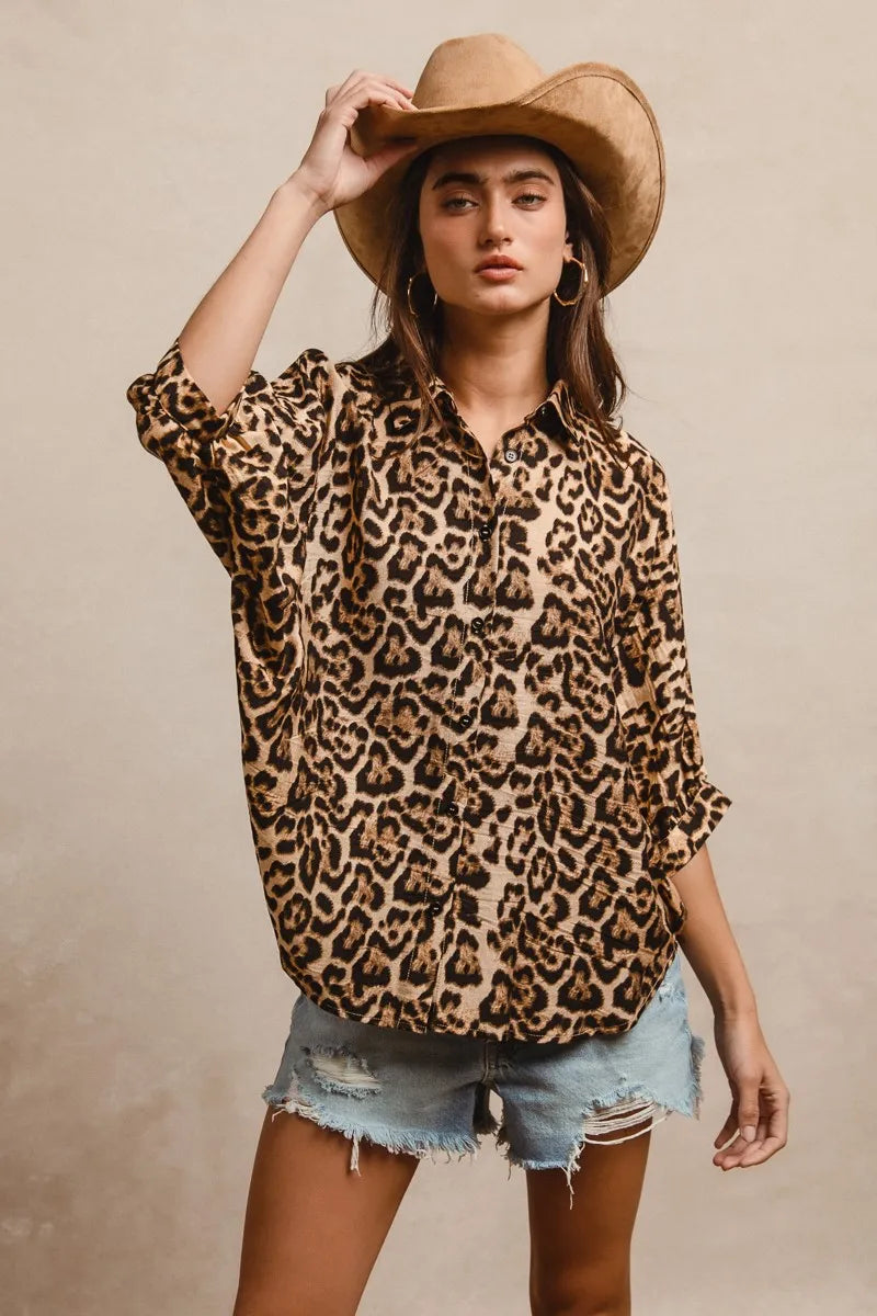 BiBi Leopard Prints Overseized Short Sleeves Top.