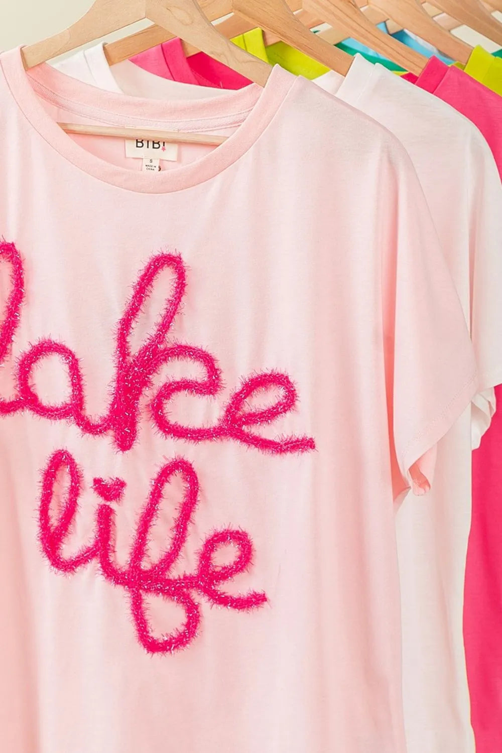BiBi Metallic Letter Short Dolman Sleeve Top in Blush.