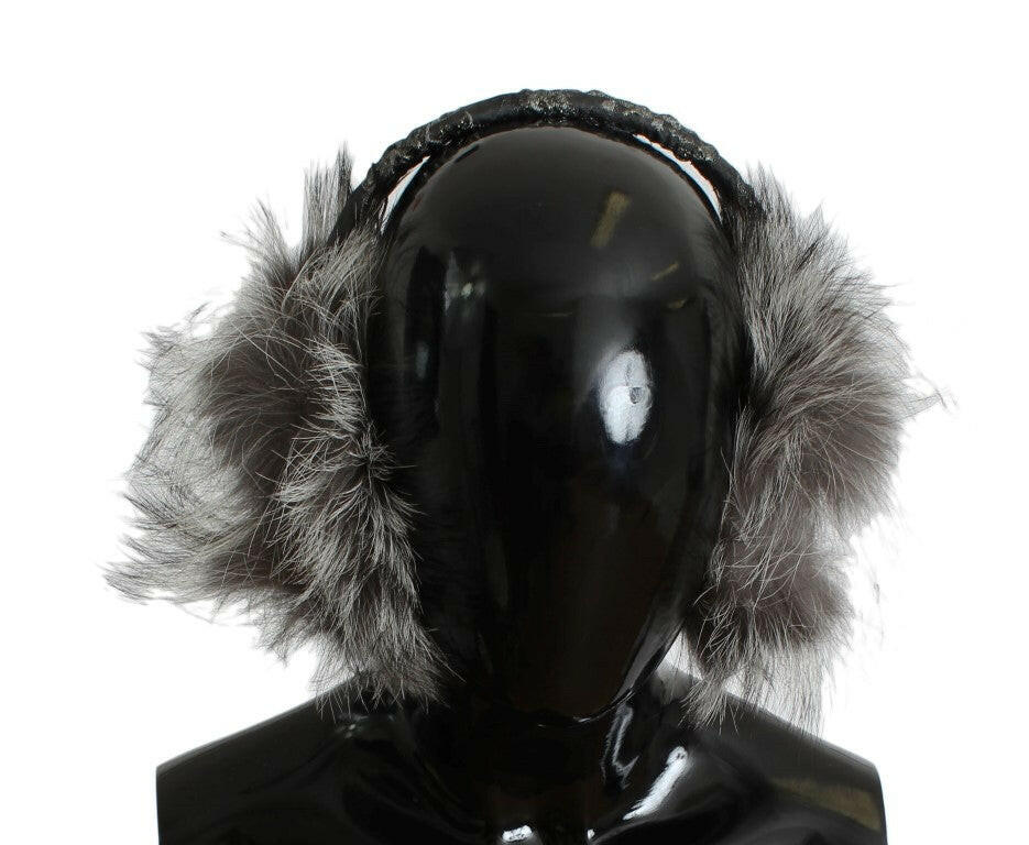 Dolce & Gabbana Gray Fox Fur Crystal Ear Muffs.