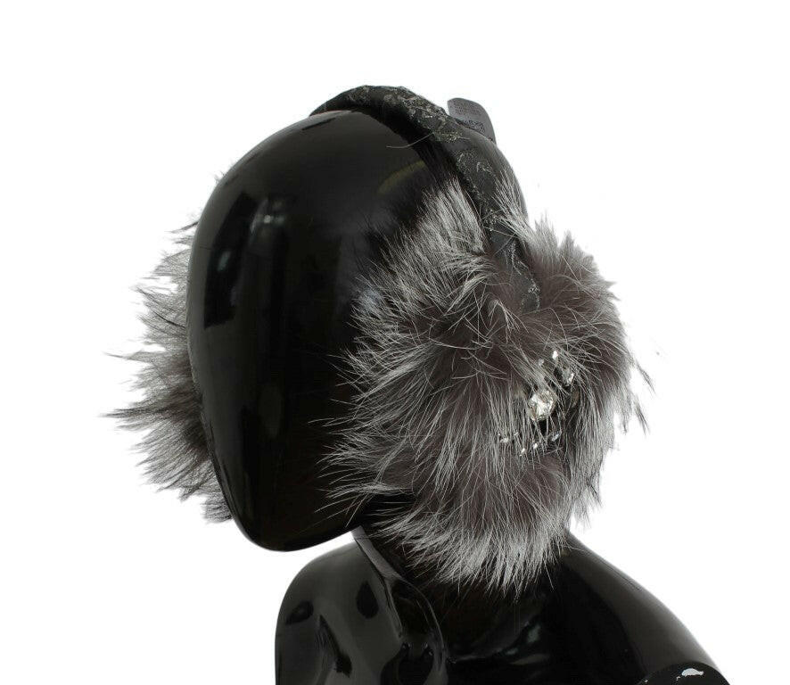 Dolce & Gabbana Gray Fox Fur Crystal Ear Muffs.