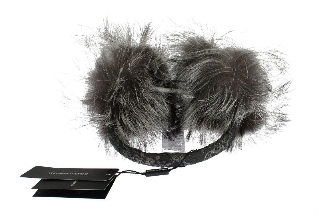 Dolce & Gabbana Gray Fox Fur Crystal Ear Muffs.