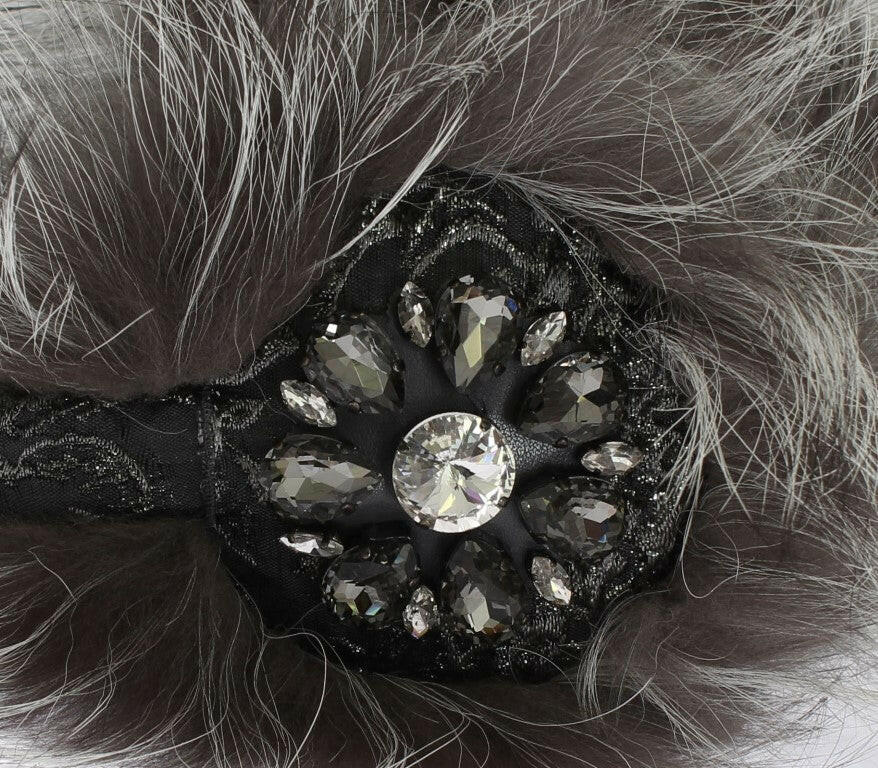 Dolce & Gabbana Gray Fox Fur Crystal Ear Muffs.