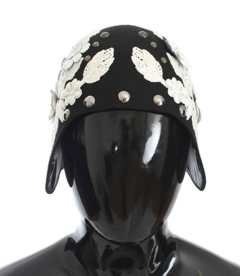 Dolce & Gabbana Black Wool White Floral Gold Leaf Hat.