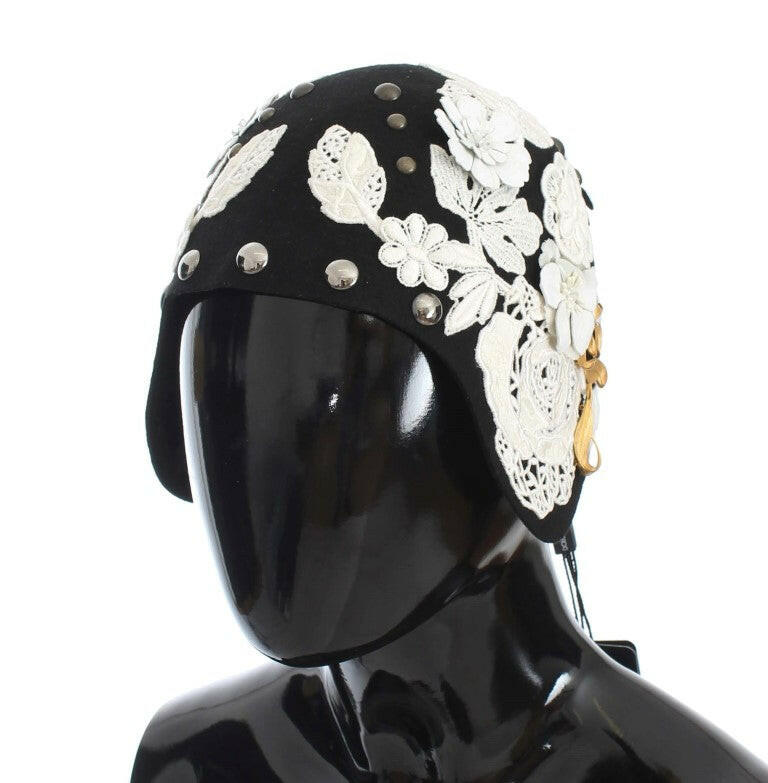 Dolce & Gabbana Black Wool White Floral Gold Leaf Hat.