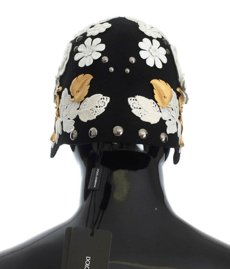 Dolce & Gabbana Black Wool White Floral Gold Leaf Hat.