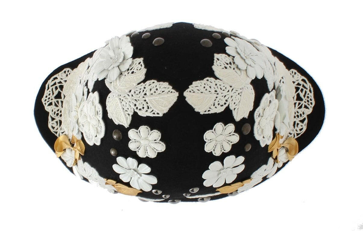 Dolce & Gabbana Black Wool White Floral Gold Leaf Hat.