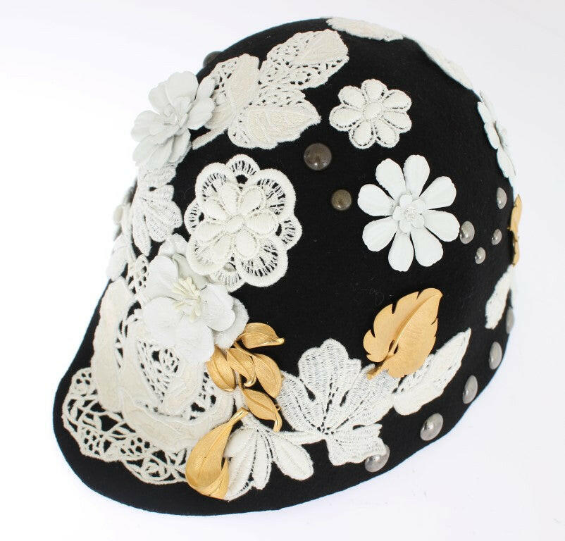 Dolce & Gabbana Black Wool White Floral Gold Leaf Hat.