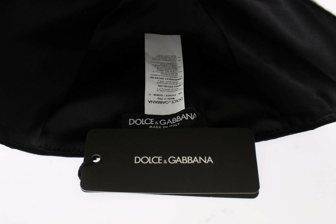 Dolce & Gabbana Black Wool White Floral Gold Leaf Hat.