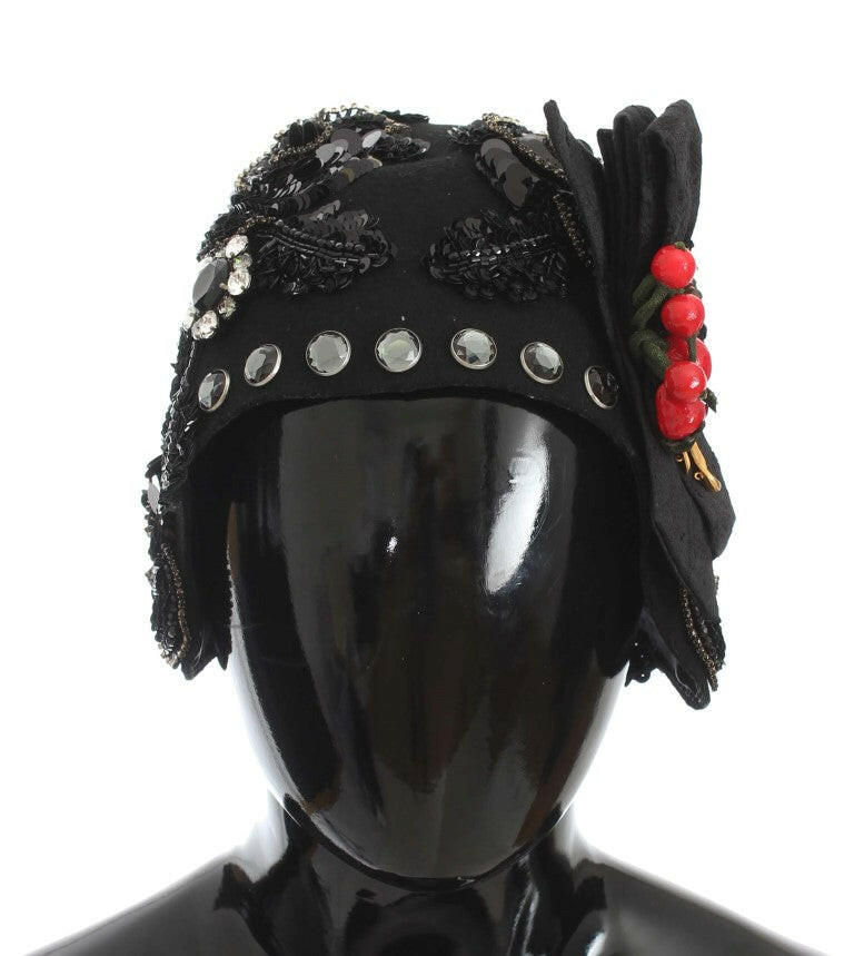 Dolce & Gabbana Black Crystal Gold Cherries Brooch Hat.