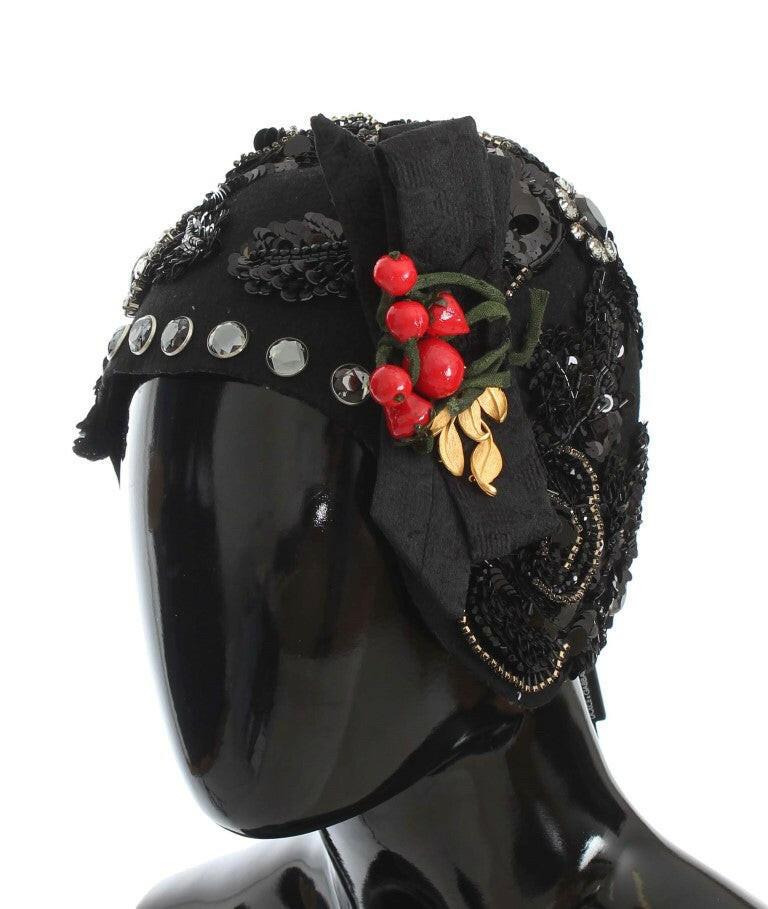 Dolce & Gabbana Black Crystal Gold Cherries Brooch Hat.