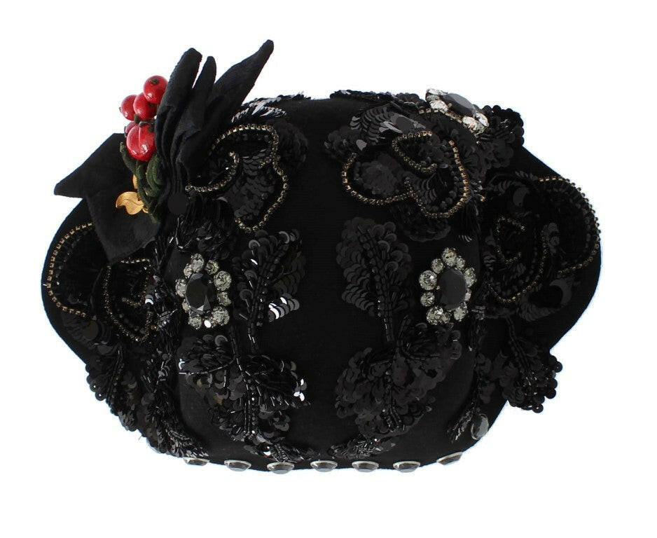 Dolce & Gabbana Black Crystal Gold Cherries Brooch Hat.
