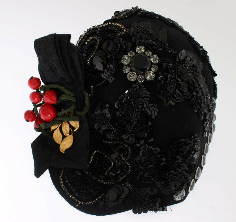 Dolce & Gabbana Black Crystal Gold Cherries Brooch Hat.