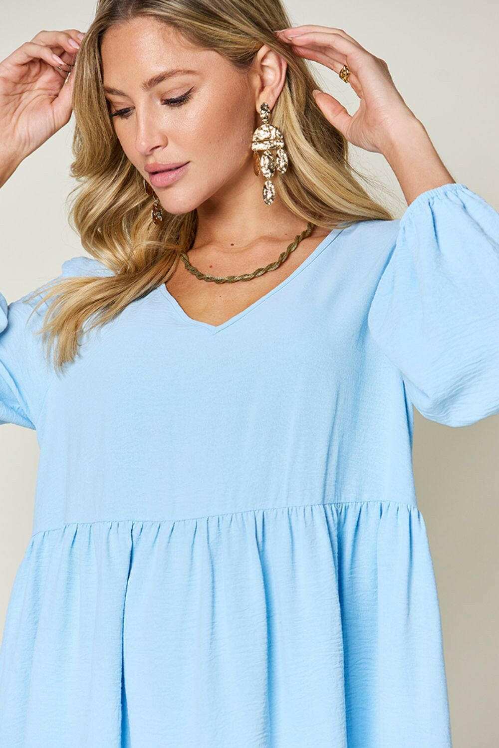 Double Take Full Size V-Neck Balloon Sleeve Tiered Dress - MaraFormigone