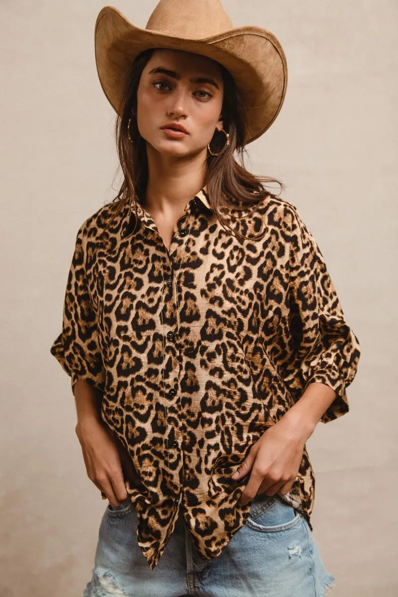 BiBi Leopard Prints Overseized Short Sleeves Top.