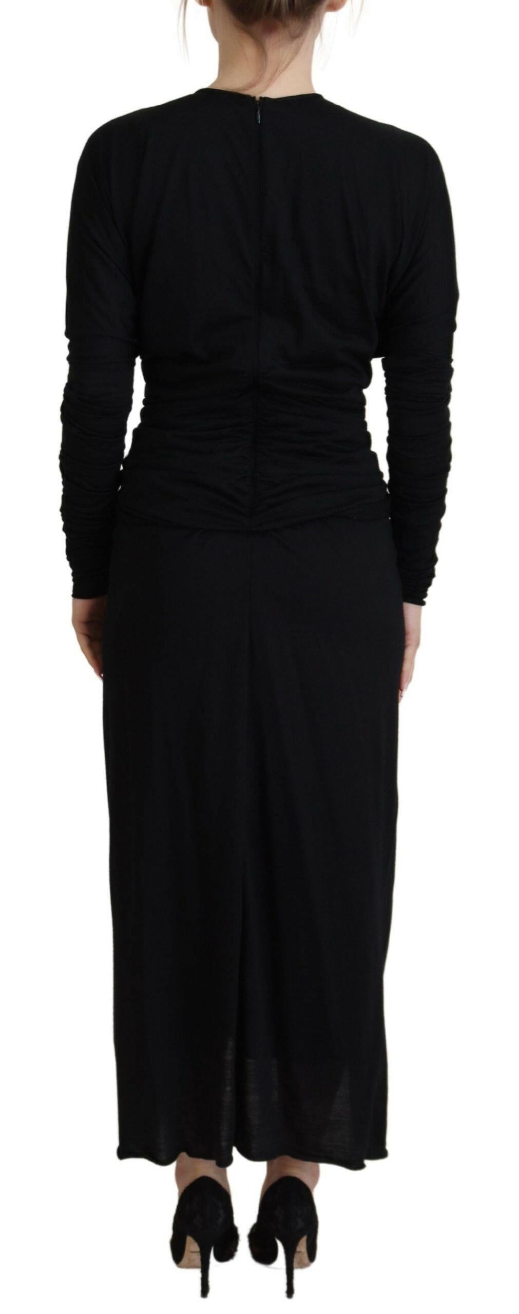 Dolce & Gabbana Black Sheath Midi Gown Wool Wrap Dress.