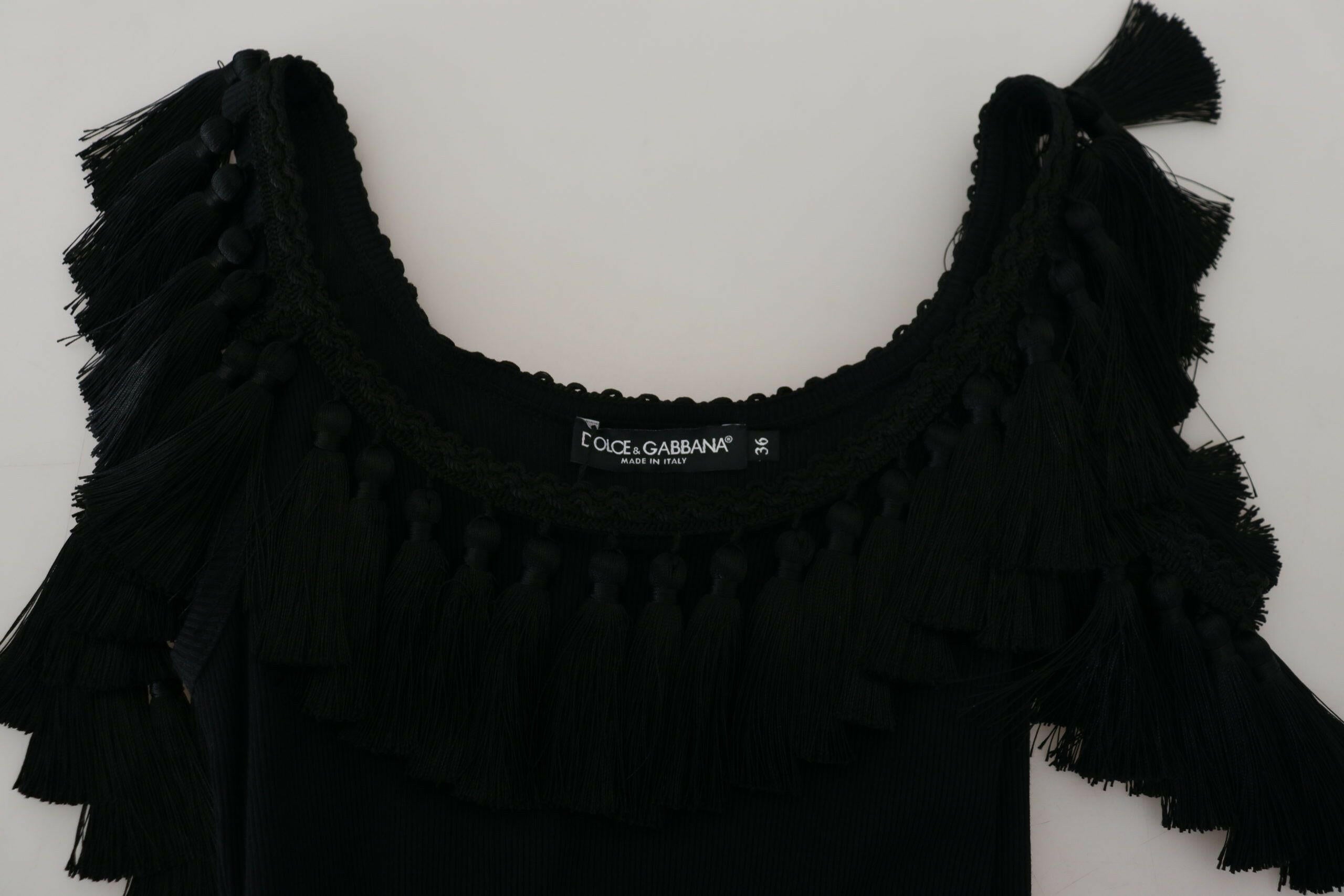 Dolce & Gabbana Black Tank Top Blouse Tassle Cotton Blouse.