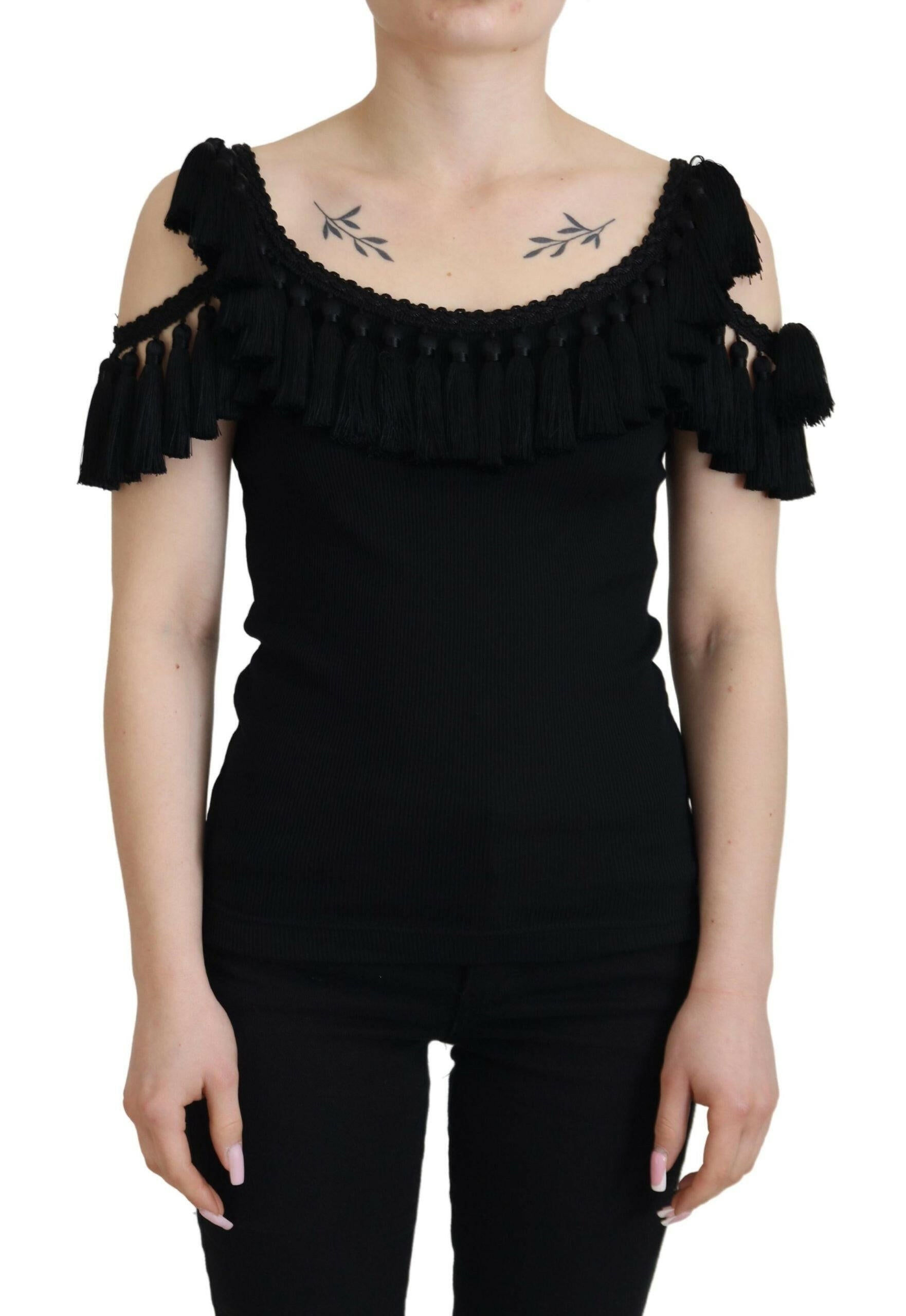 Dolce & Gabbana Black Tank Top Blouse Tassle Cotton Blouse.