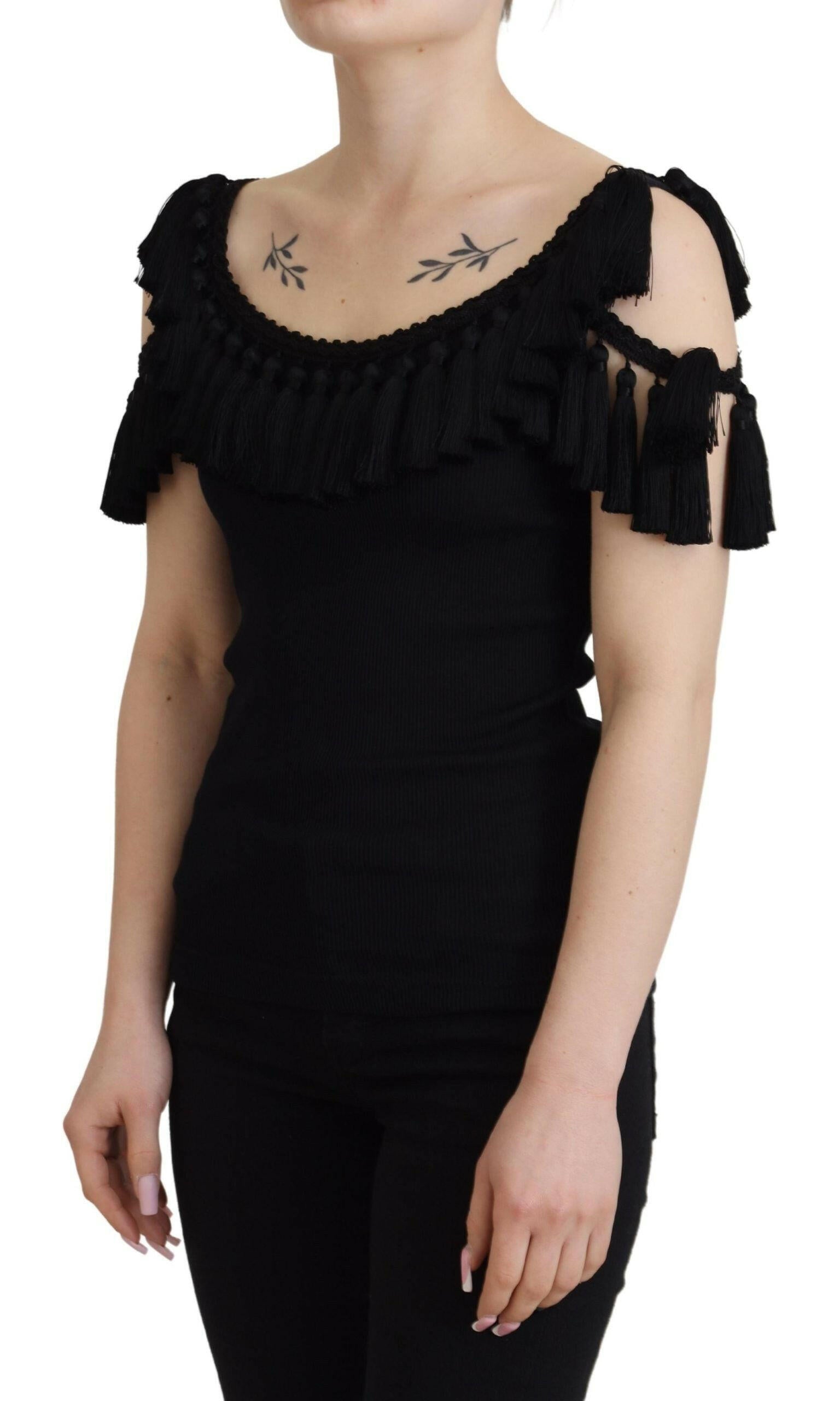 Dolce & Gabbana Black Tank Top Blouse Tassle Cotton Blouse.