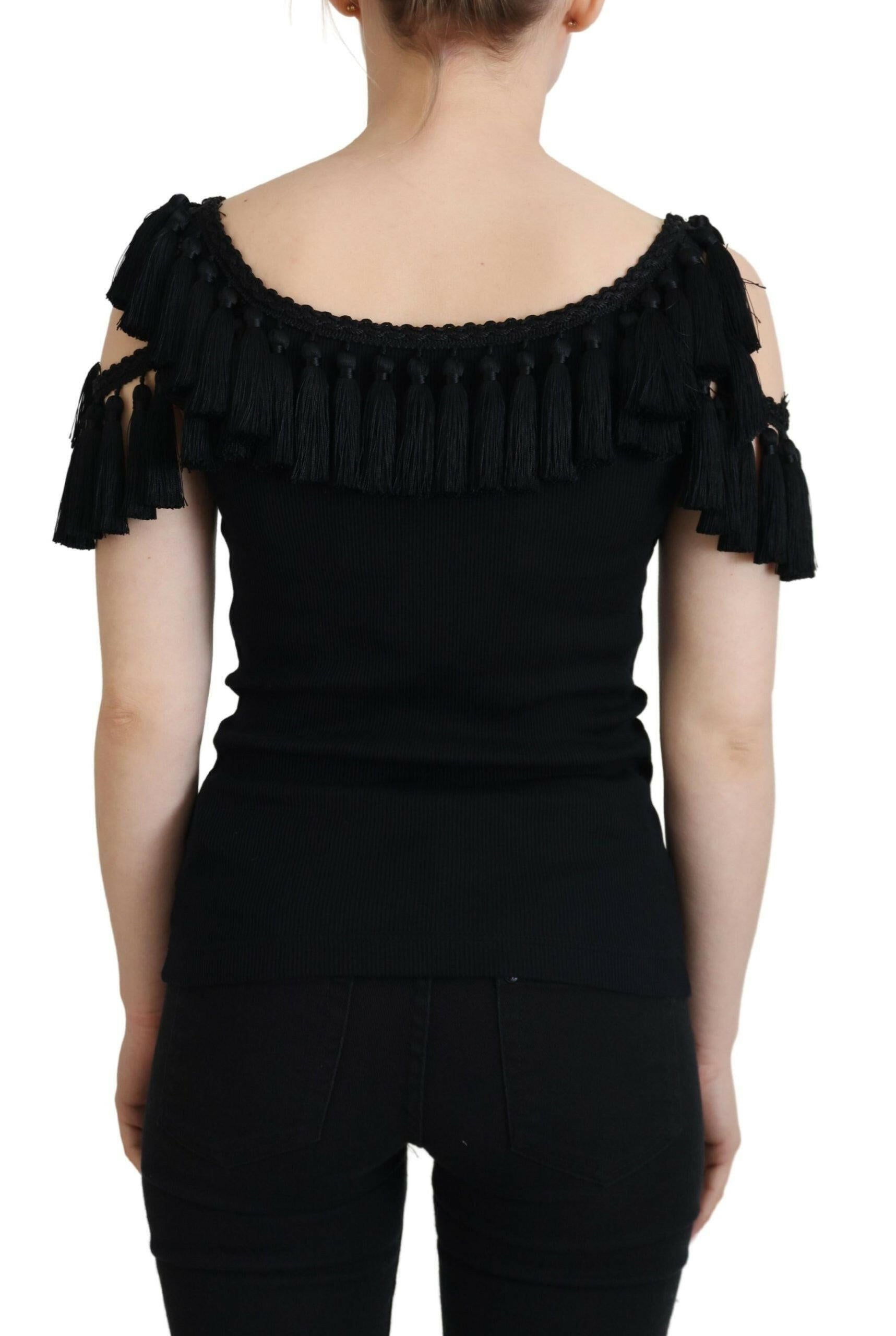 Dolce & Gabbana Black Tank Top Blouse Tassle Cotton Blouse.