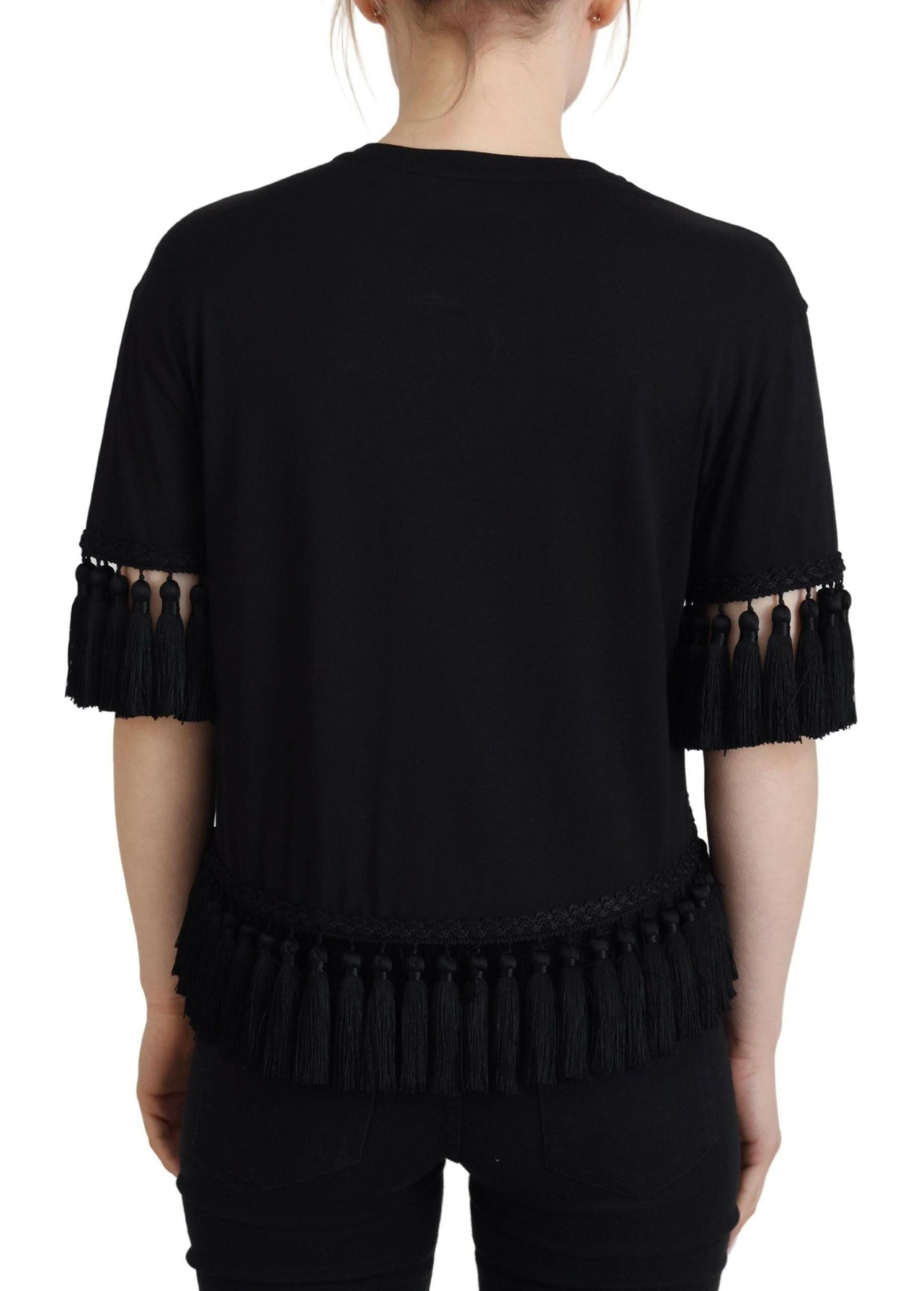 Dolce & Gabbana Black T-shirt Blouse Tassle Cotton Blouse.