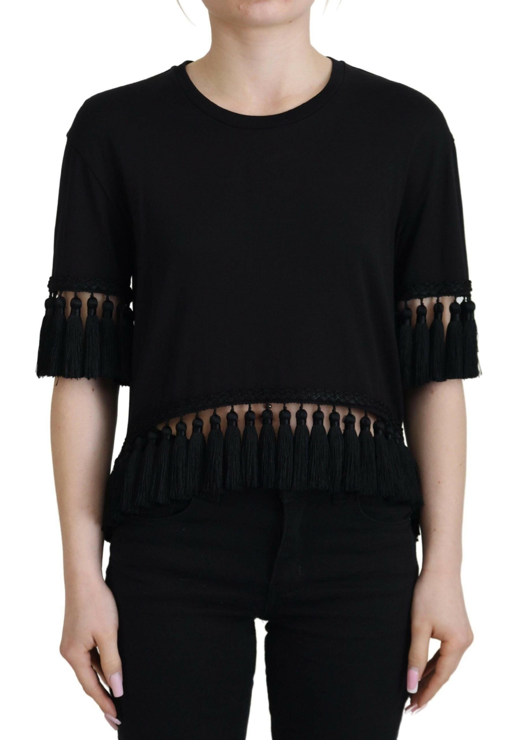 Dolce & Gabbana Black T-shirt Blouse Tassle Cotton Blouse.