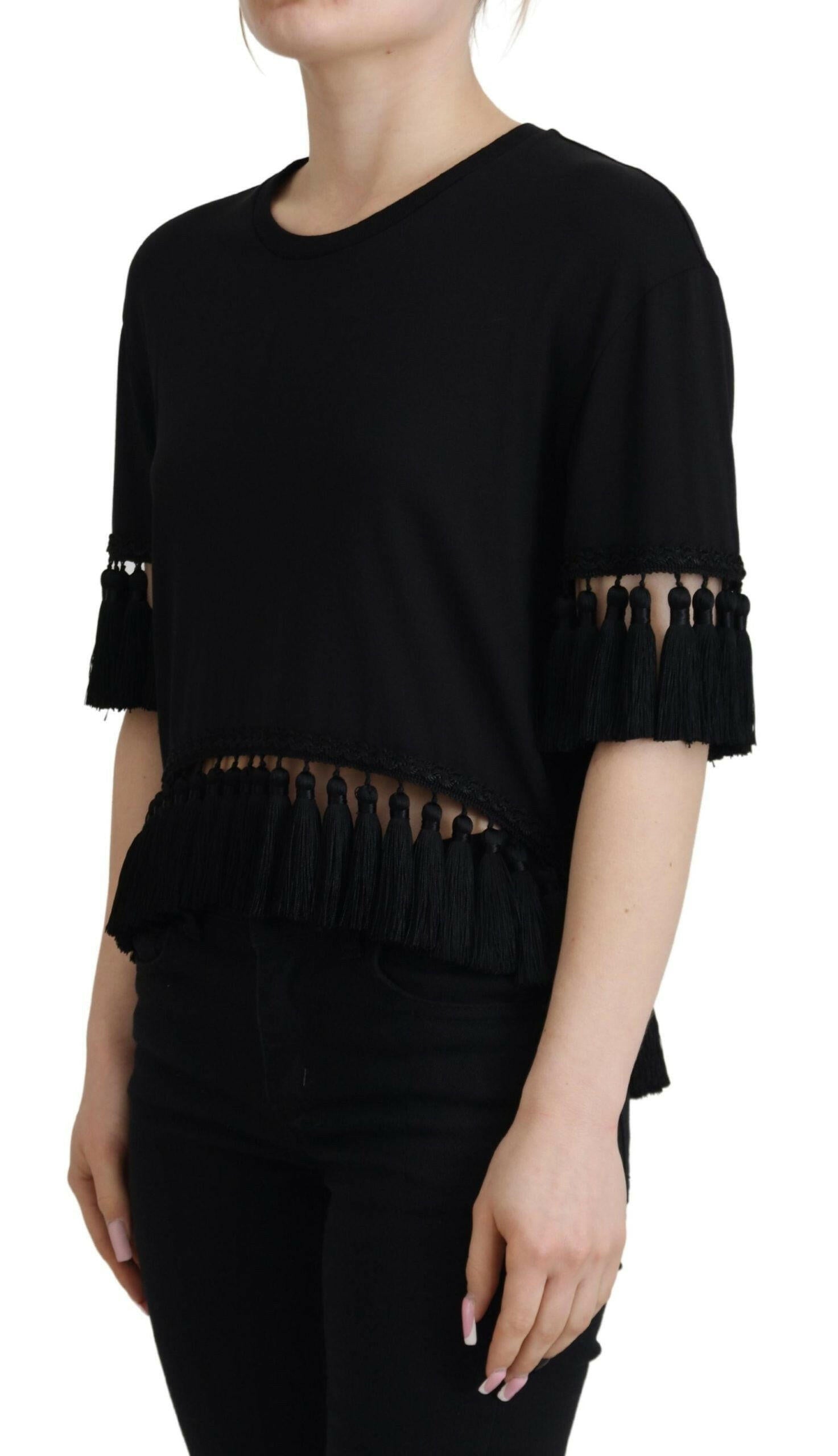 Dolce & Gabbana Black T-shirt Blouse Tassle Cotton Blouse.