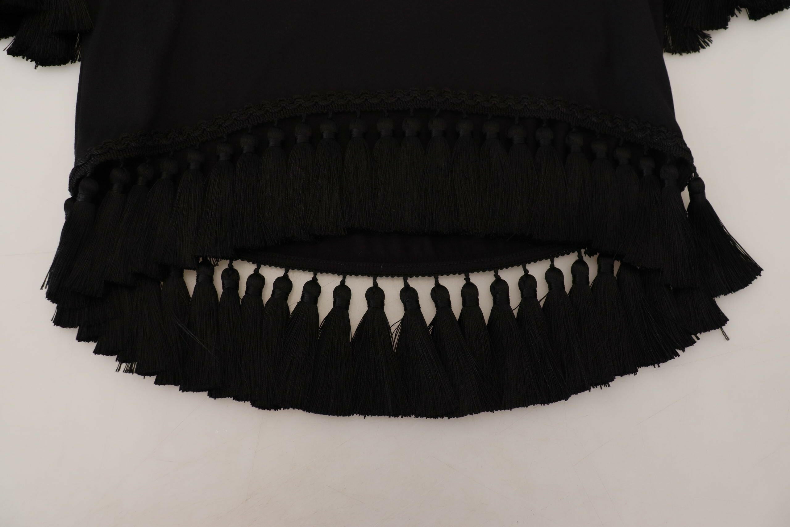 Dolce & Gabbana Black T-shirt Blouse Tassle Cotton Blouse.