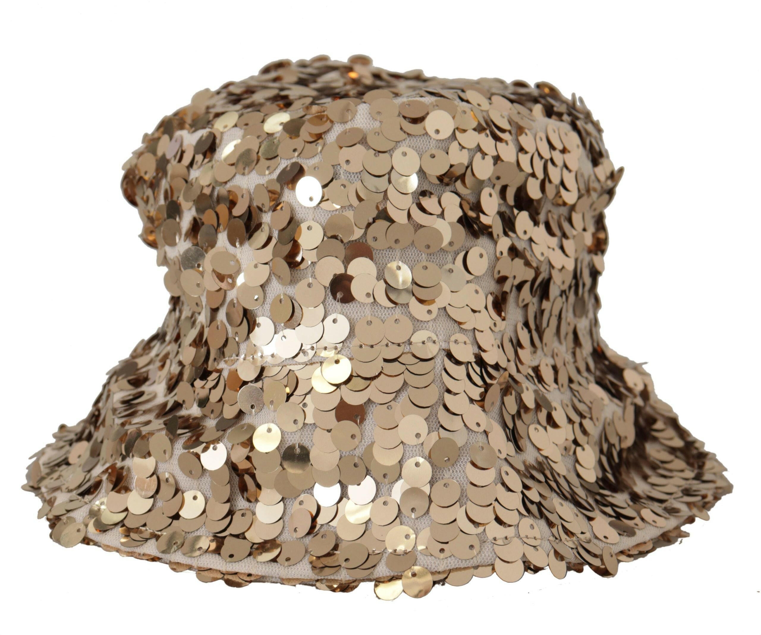 Dolce & Gabbana Gold Silk Sequin Embellished Designer Brim Bucket Hat.