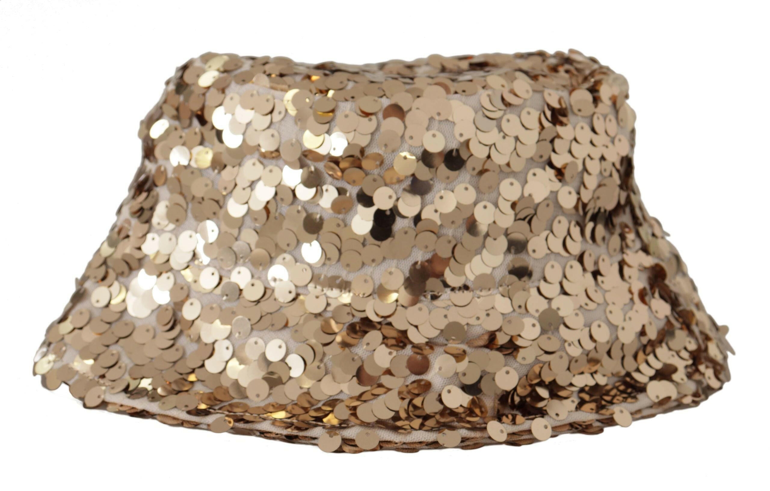 Dolce & Gabbana Gold Silk Sequin Embellished Designer Brim Bucket Hat.