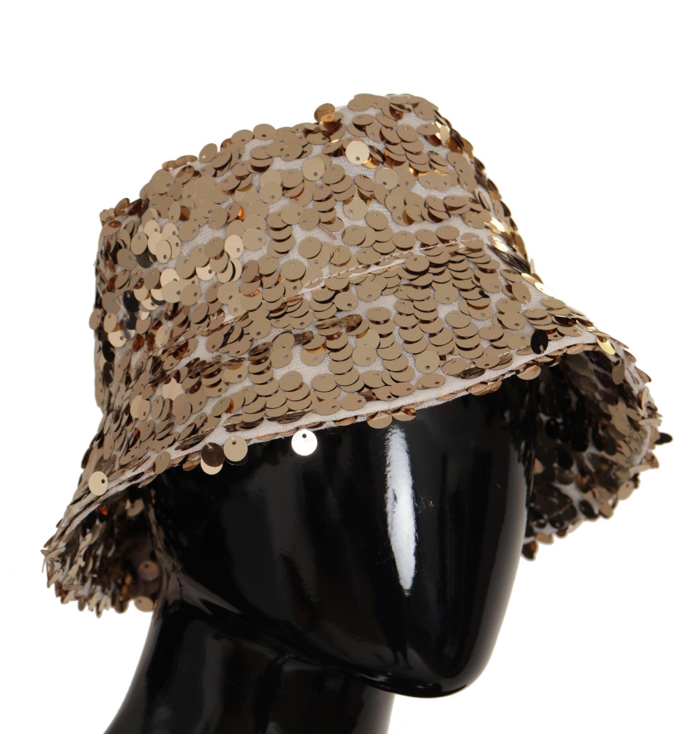 Dolce & Gabbana Gold Silk Sequin Embellished Designer Brim Bucket Hat.