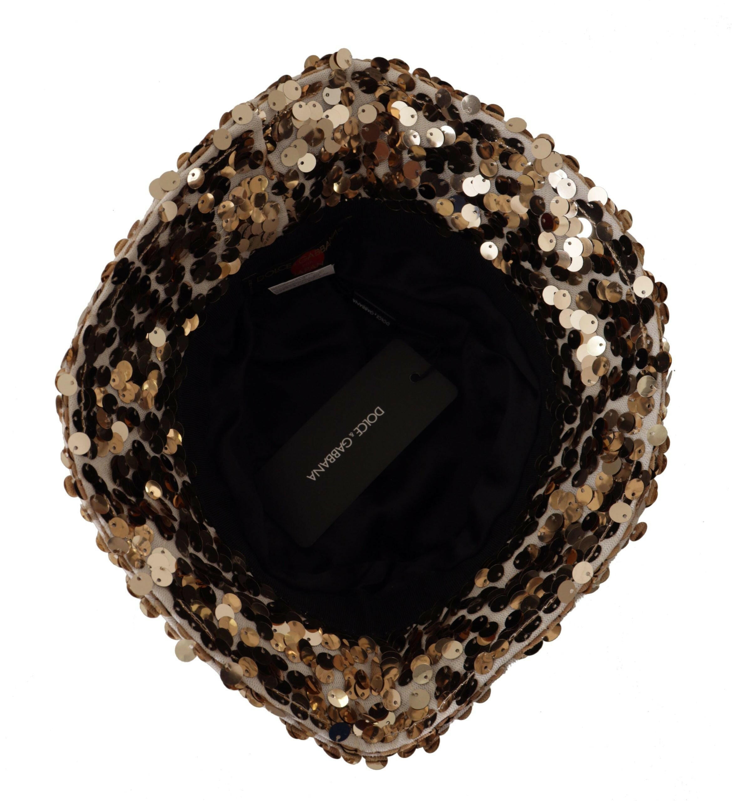Dolce & Gabbana Gold Silk Sequin Embellished Designer Brim Bucket Hat.