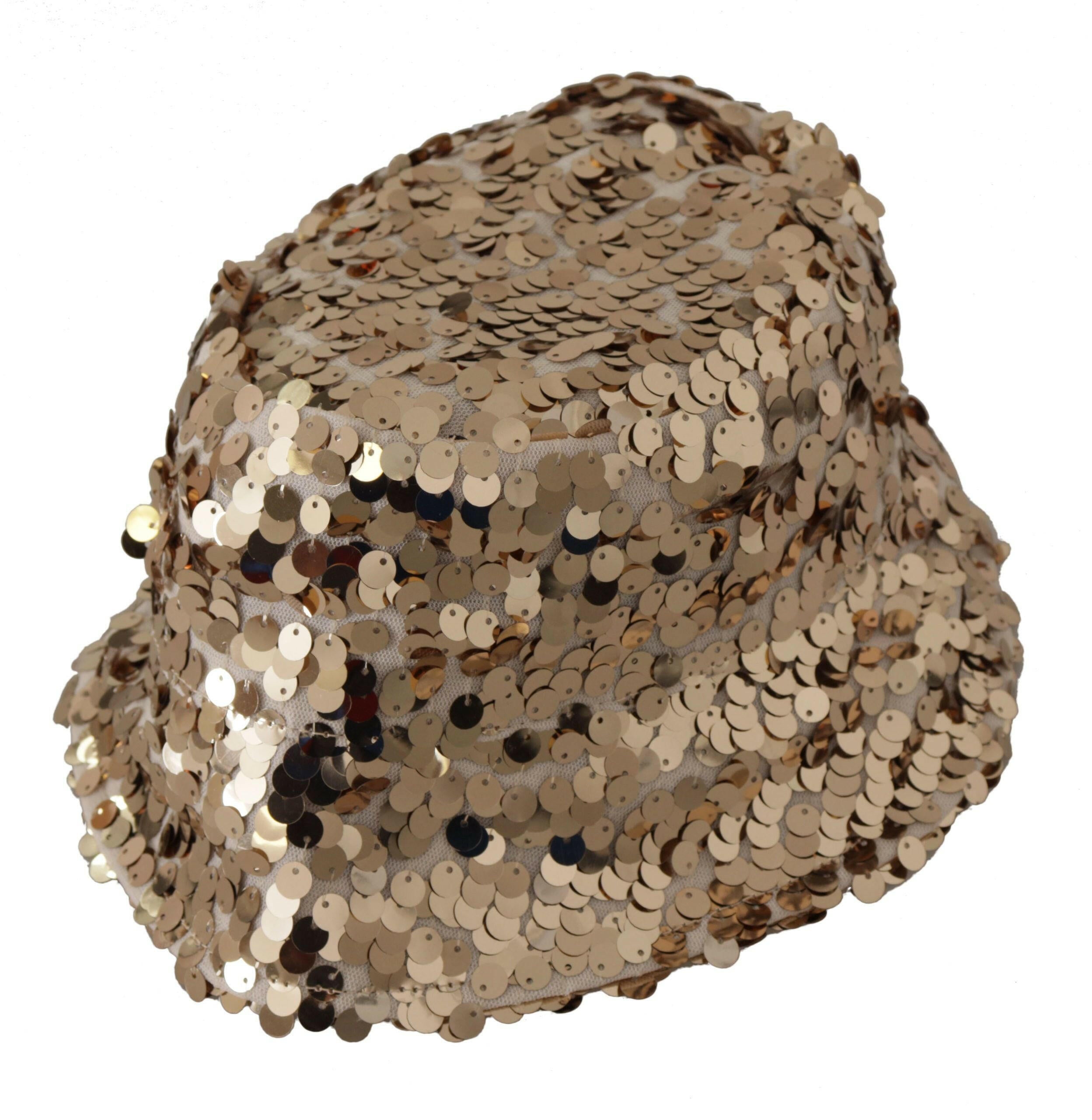 Dolce & Gabbana Gold Silk Sequin Embellished Designer Brim Bucket Hat.