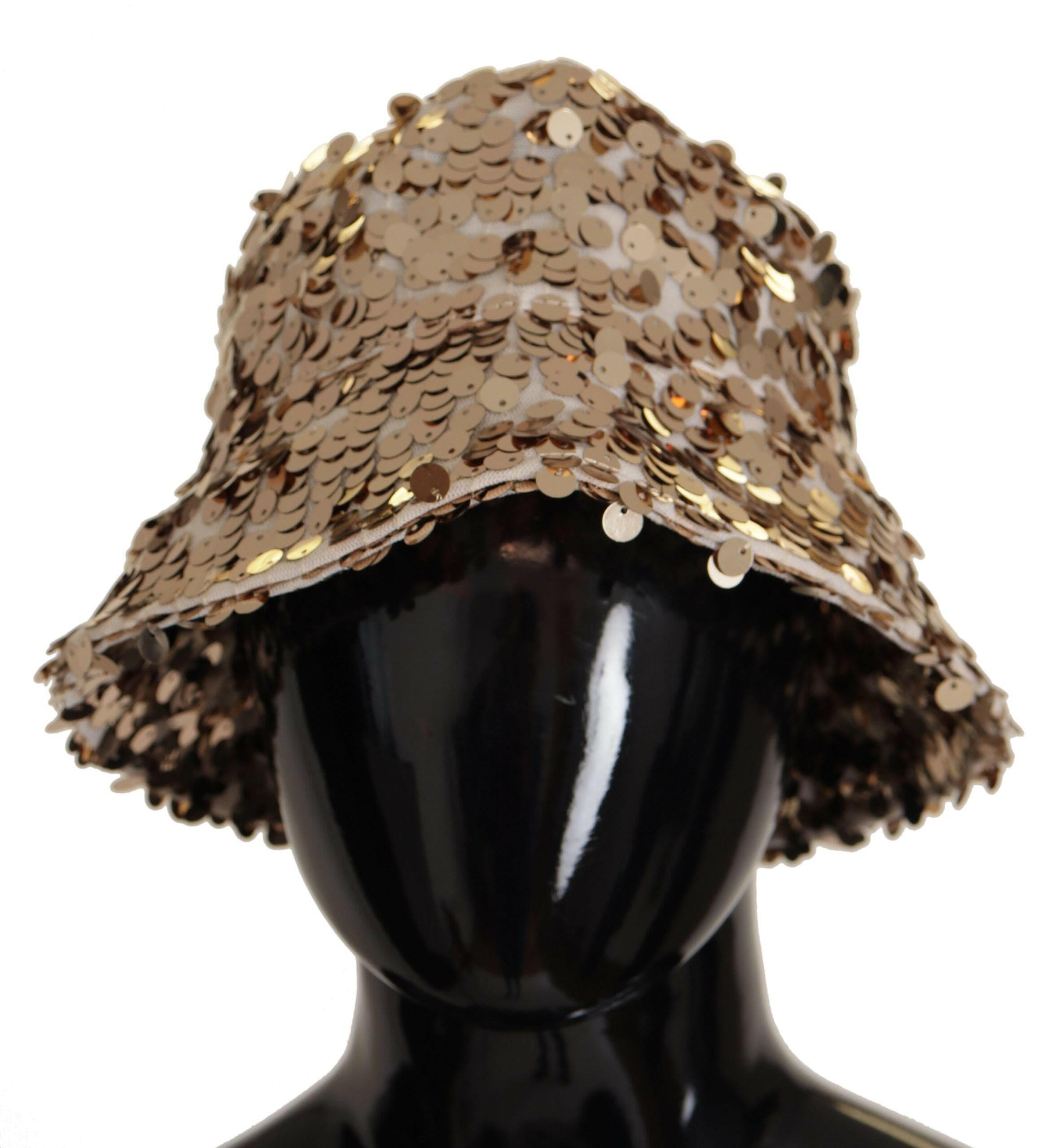Dolce & Gabbana Gold Silk Sequin Embellished Designer Brim Bucket Hat.