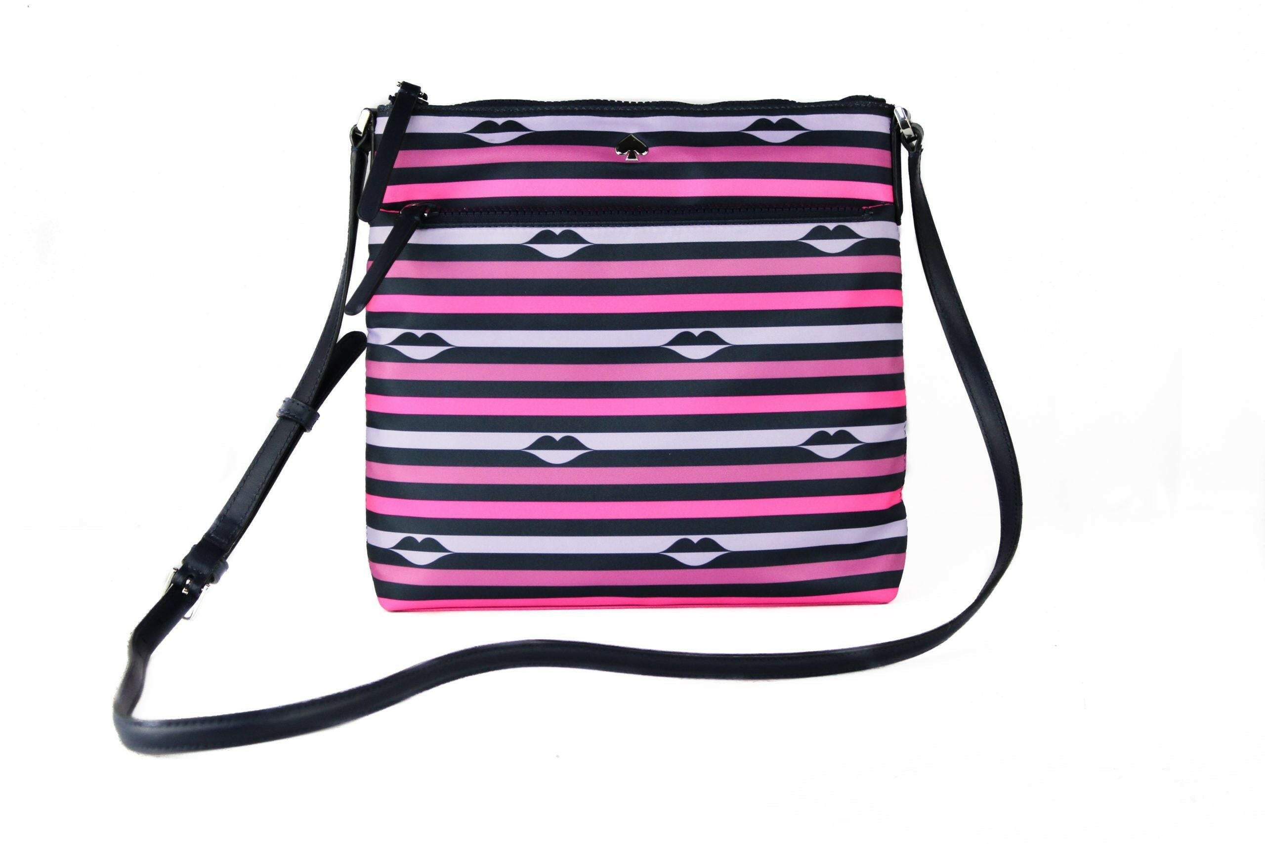Kate Spade Jae Nylon Leather Flat Pink Striped Multi Crossbody HandBag Purse.