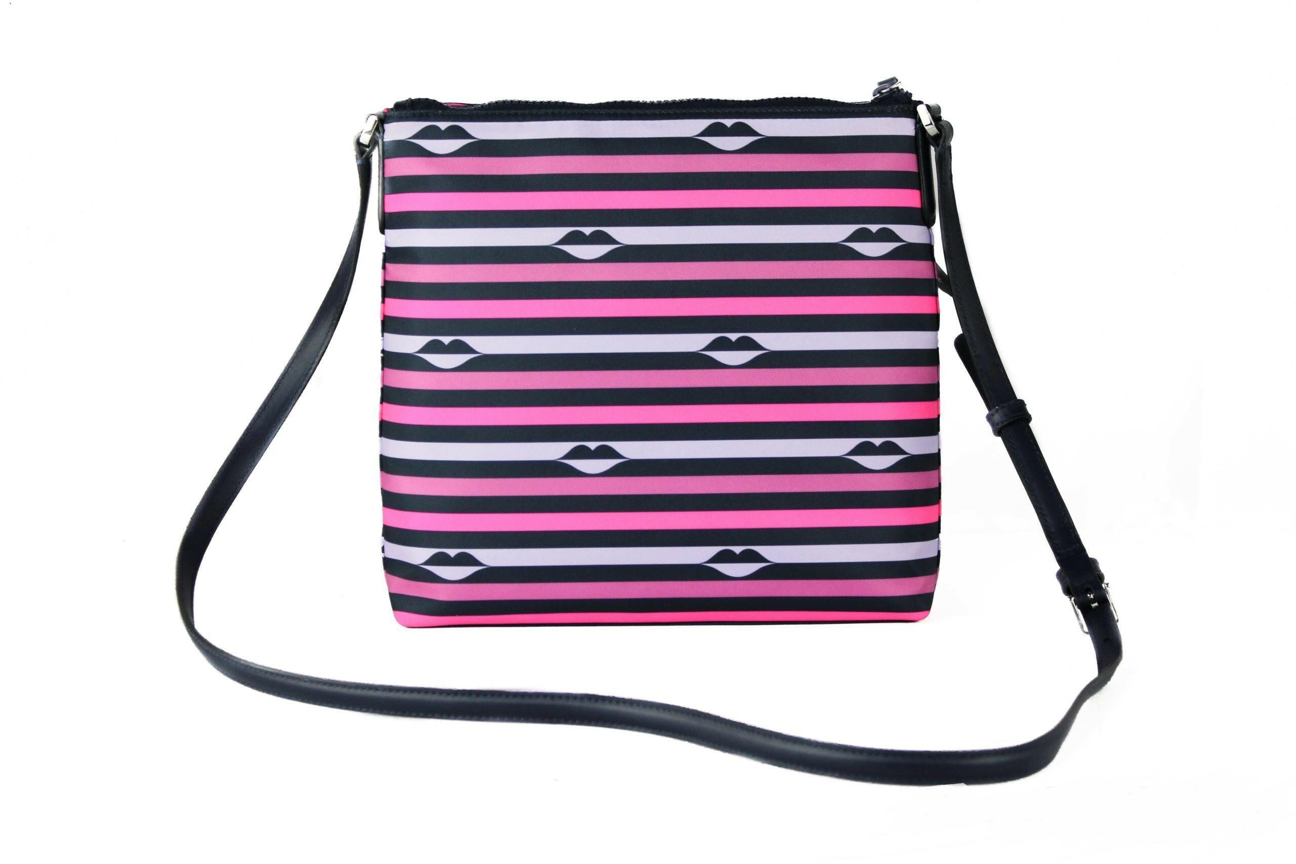 Kate Spade Jae Nylon Leather Flat Pink Striped Multi Crossbody HandBag Purse.