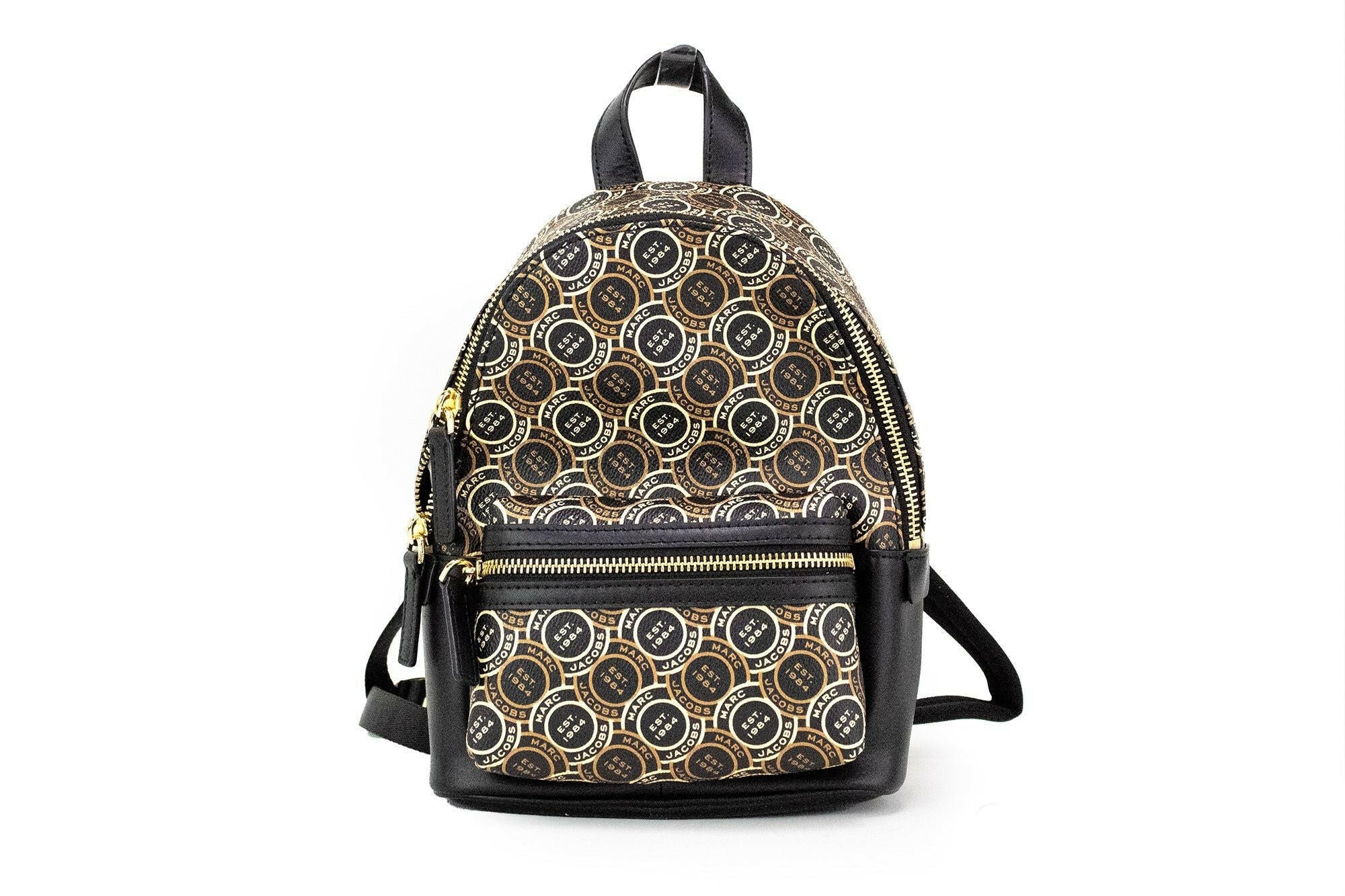 Marc Jacobs Signet Mini Black Logo Printed Leather Shoulder Backpack Bookbag.