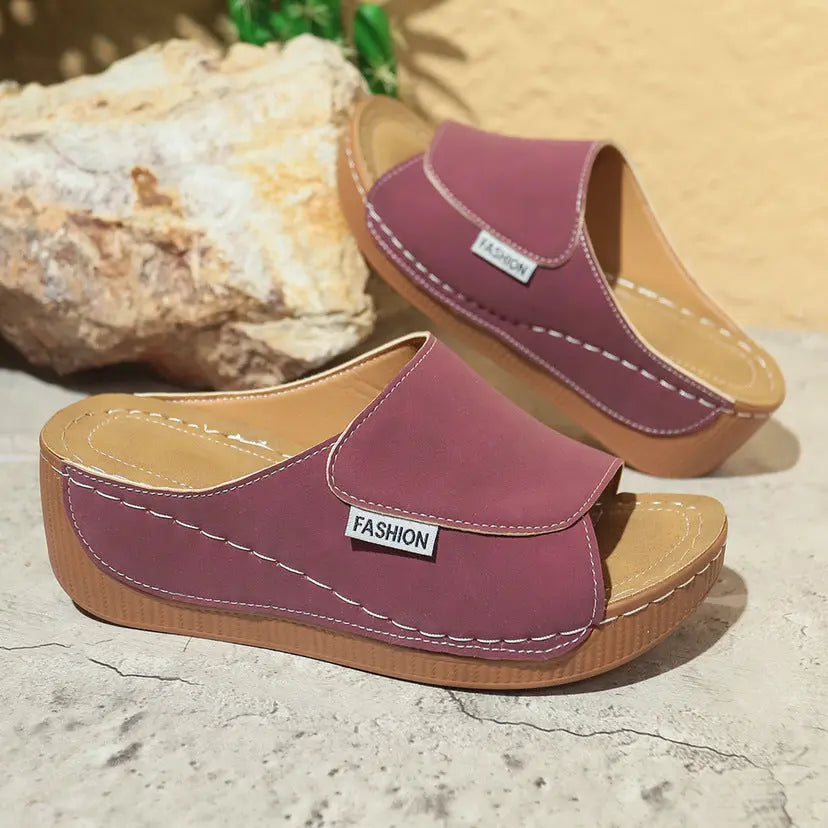 Summer Wedge Slides Slippers Fashion Fish Mouth Thick Bottom Roman Shoes Solid Color Beach Sandals For Women - MaraFormigone