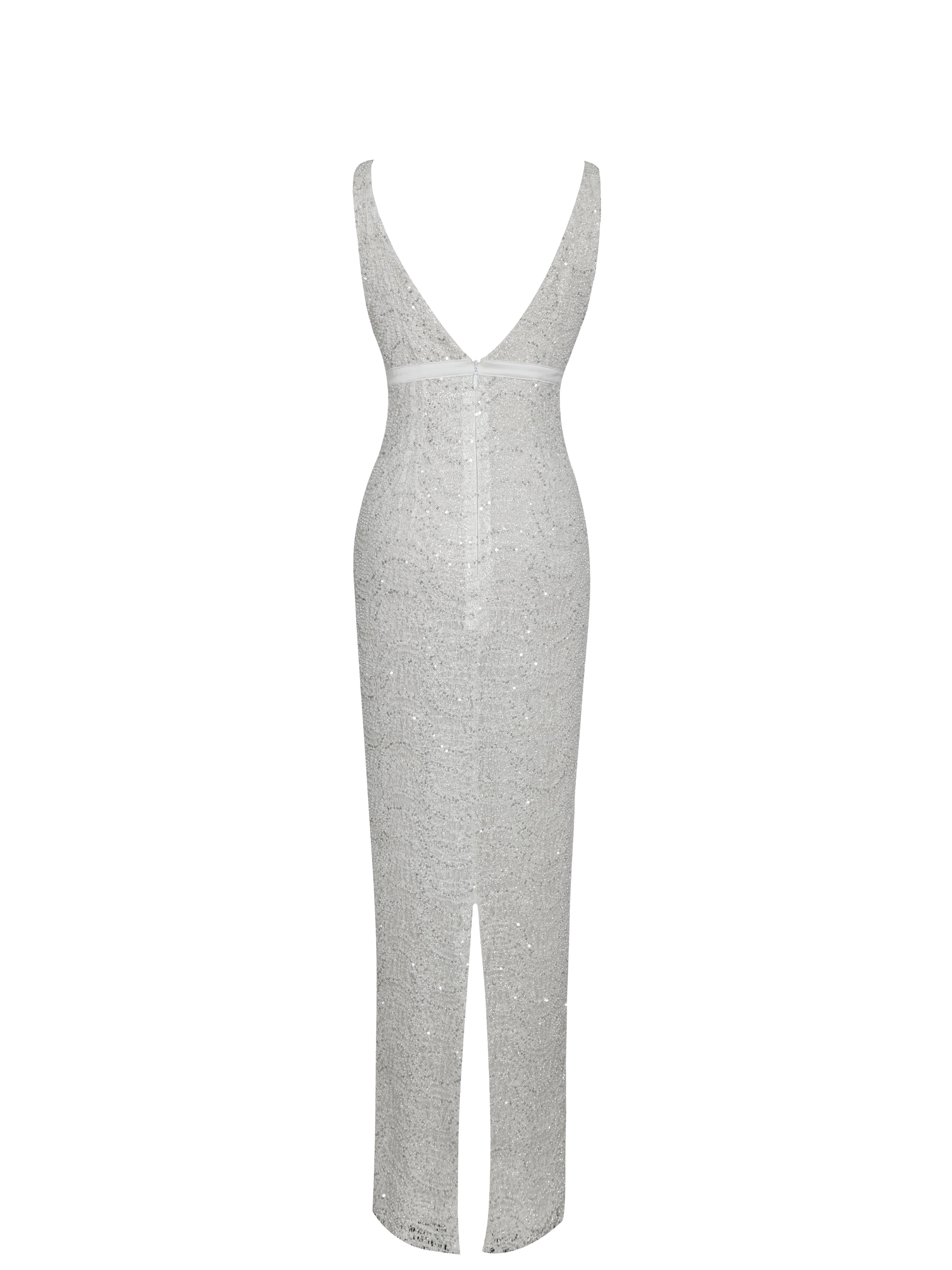 Adelaide White Beaded Sequin Net Bodycon Gown
