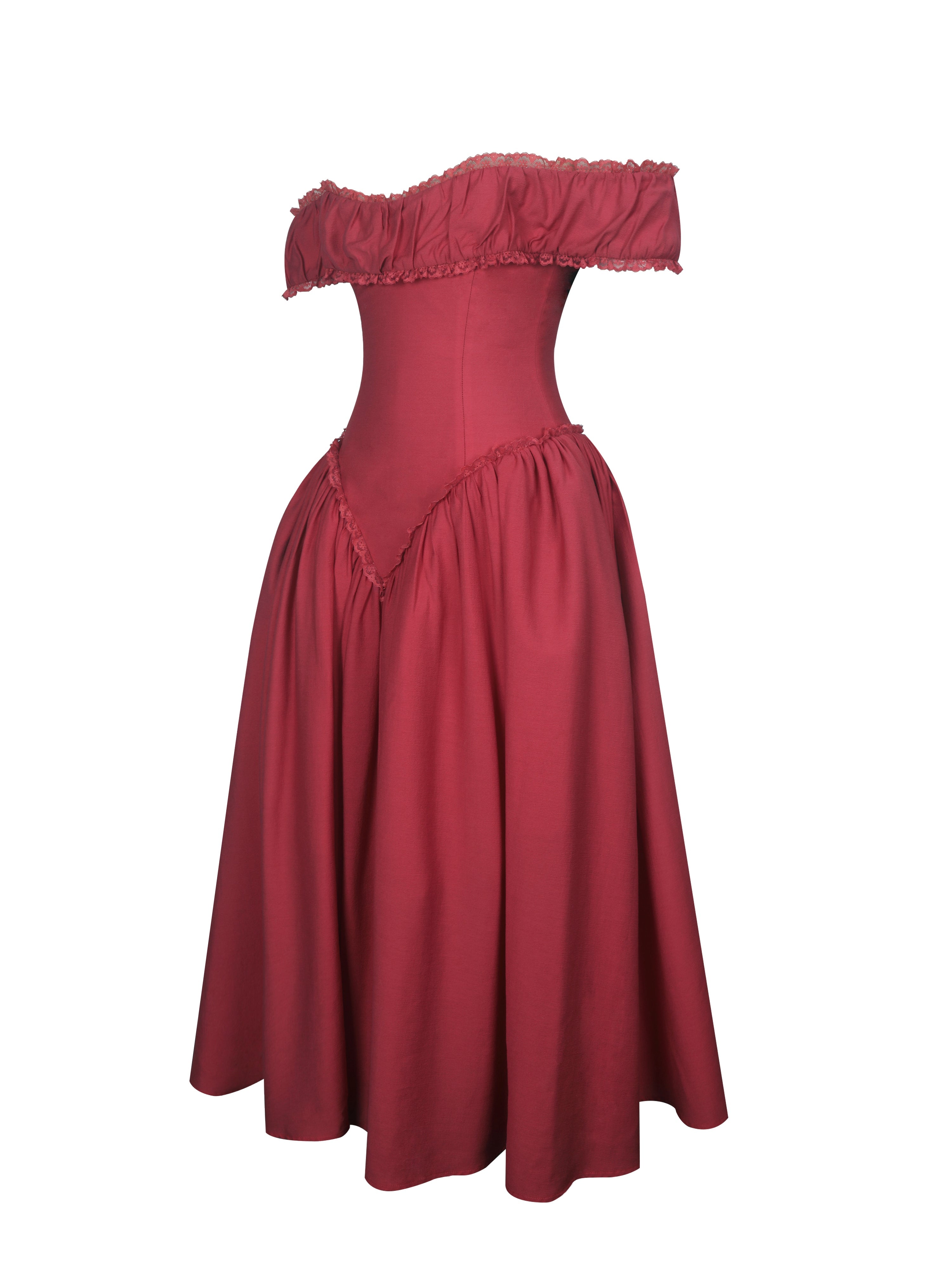 Xavy Crimson Off-Shoulder Corset Midi Dress