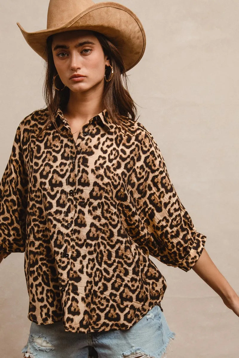 BiBi Leopard Prints Overseized Short Sleeves Top.