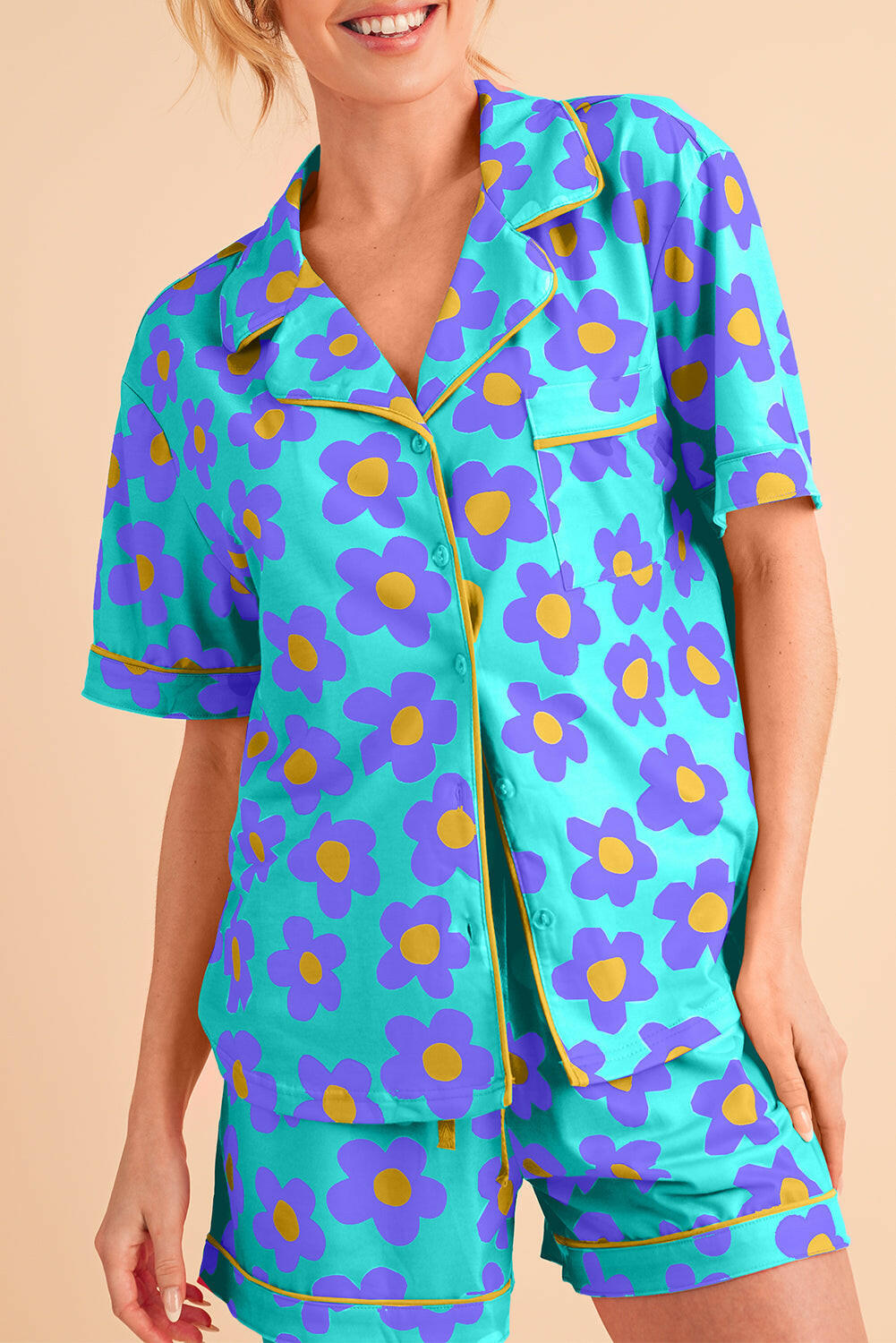 Luxury Flower Print Buttoned Shirt And Drawstring Waist Pajama Set.