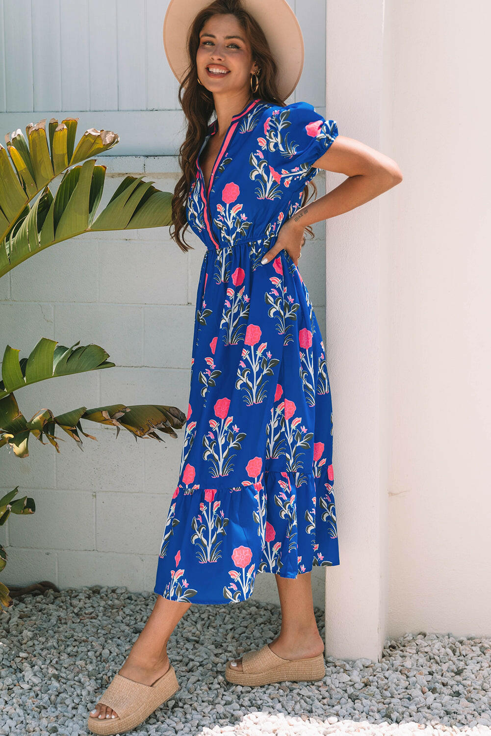 Luxury Floral Puff Short Sleeve V Neck High Waist Maxi Dress.