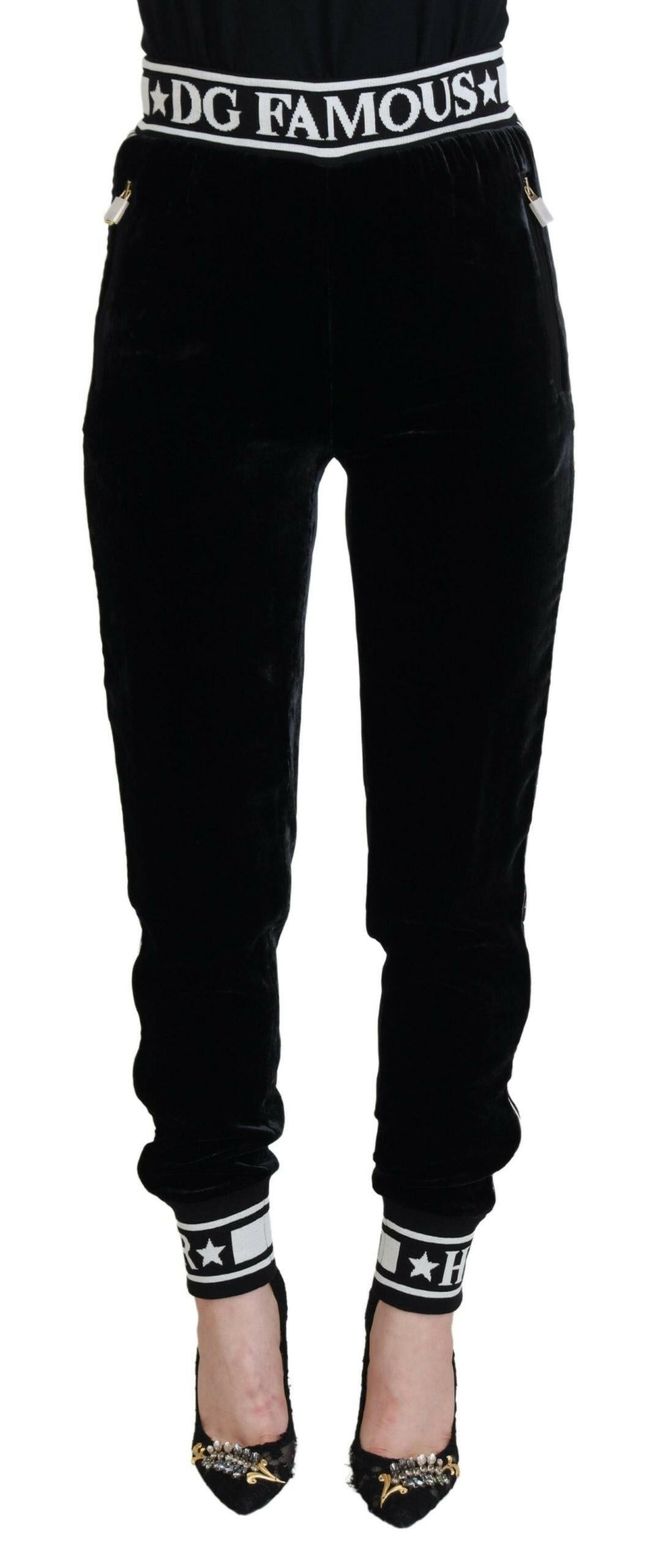 Dolce & Gabbana Black DG Logo Velvet Trouser Pants.