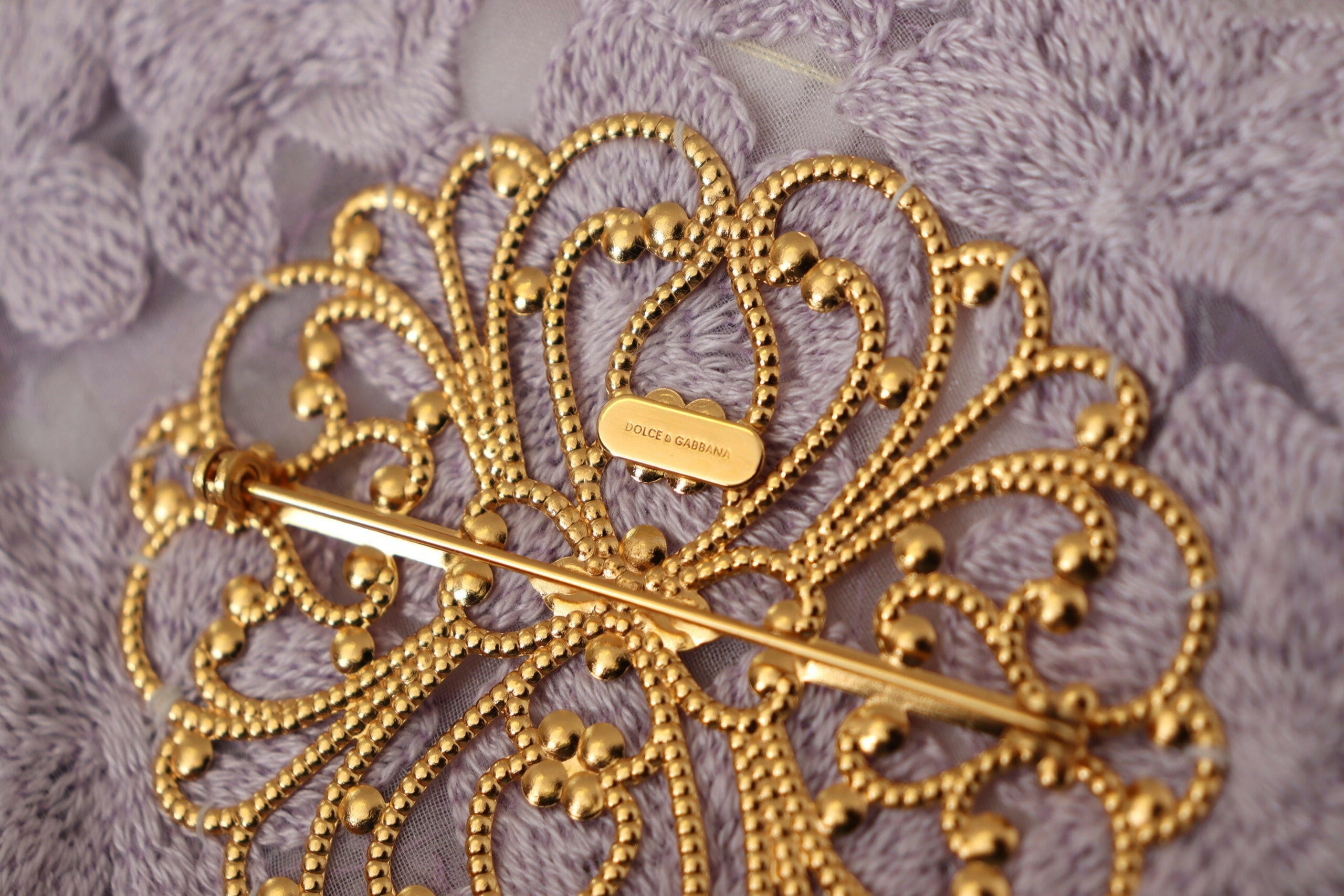 Dolce & Gabbana Purple Floral Gold Tone Brass Women Brooch.