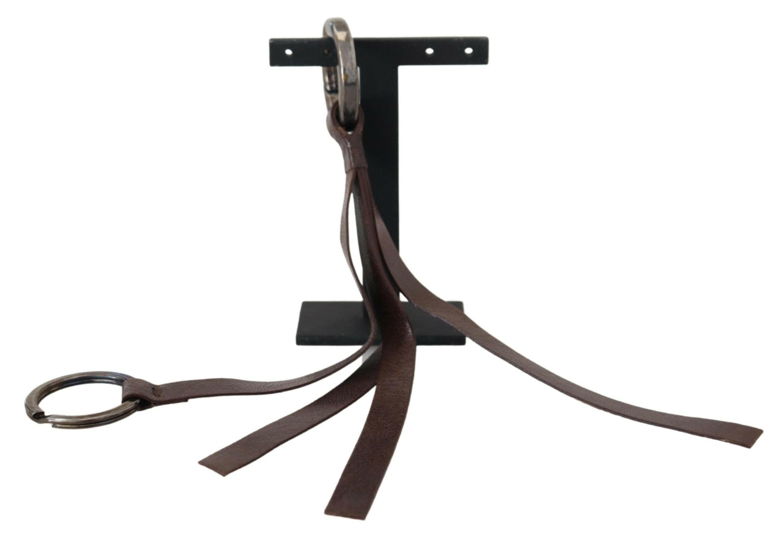 Costume National Brown Leather Silver Tone Metal Keyring Keychain.
